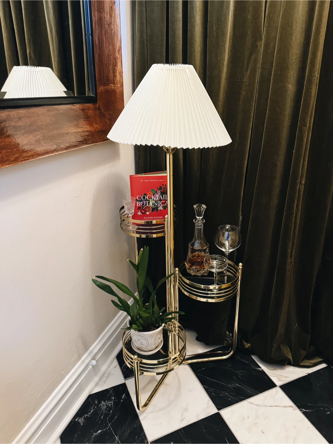 Hollywood Regency Brass Tone 3 Tier Glass Table Floor Lamp