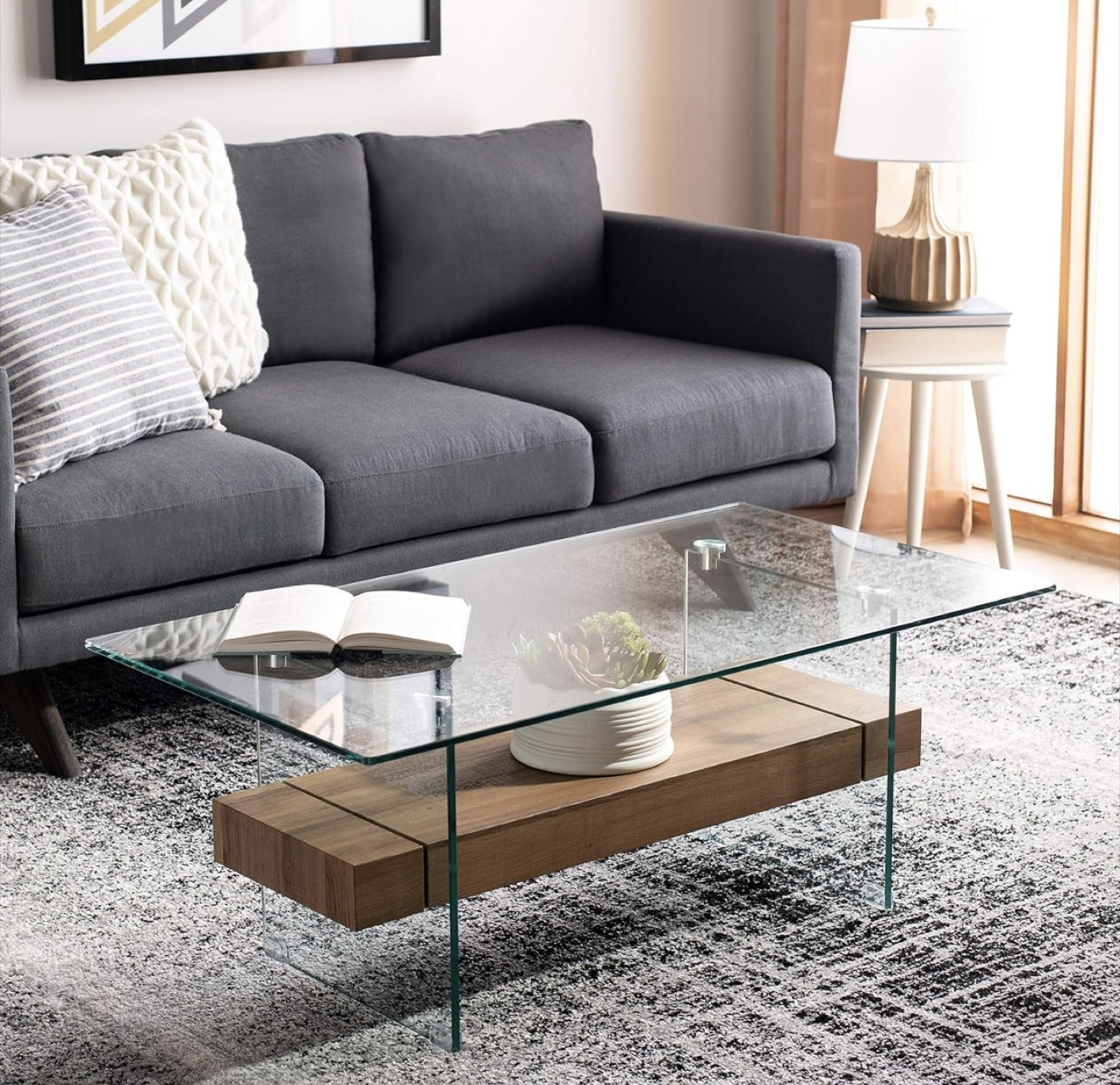 Glass Coffee Table with Wood Shelf - photo 4