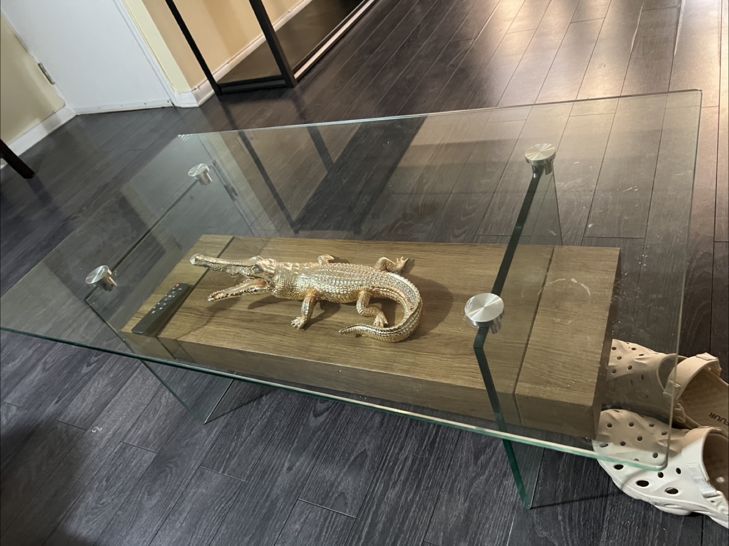 Glass Coffee Table with Wood Shelf