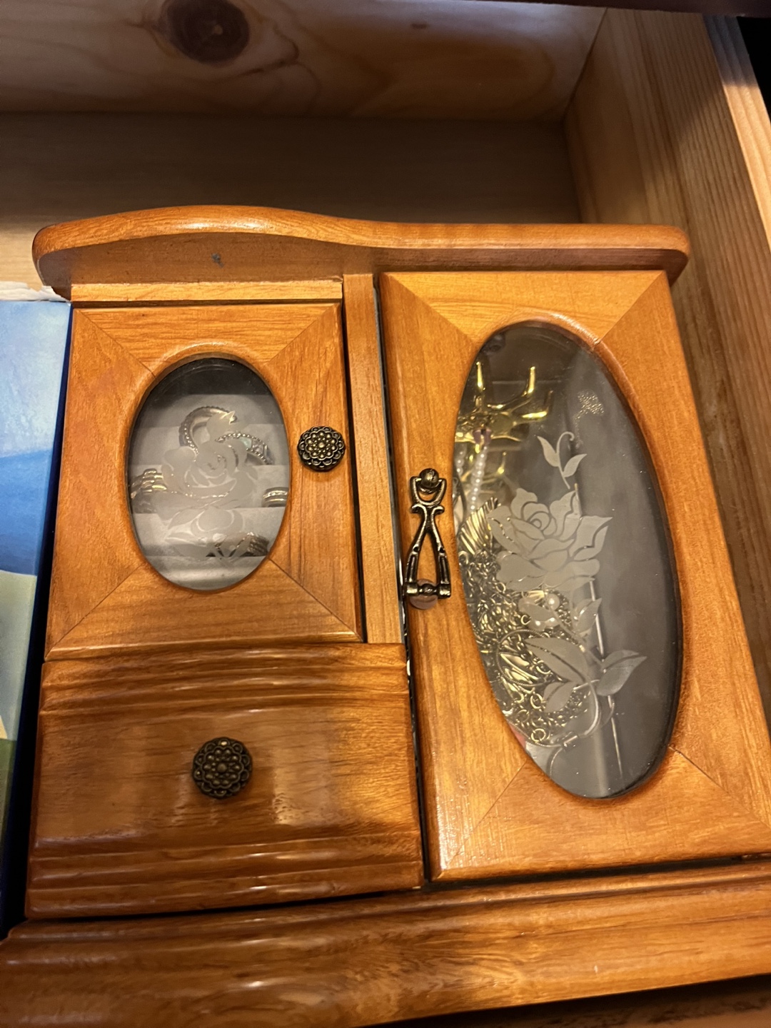 Wooden Jewelry Box with Assorted Costume Jewelry