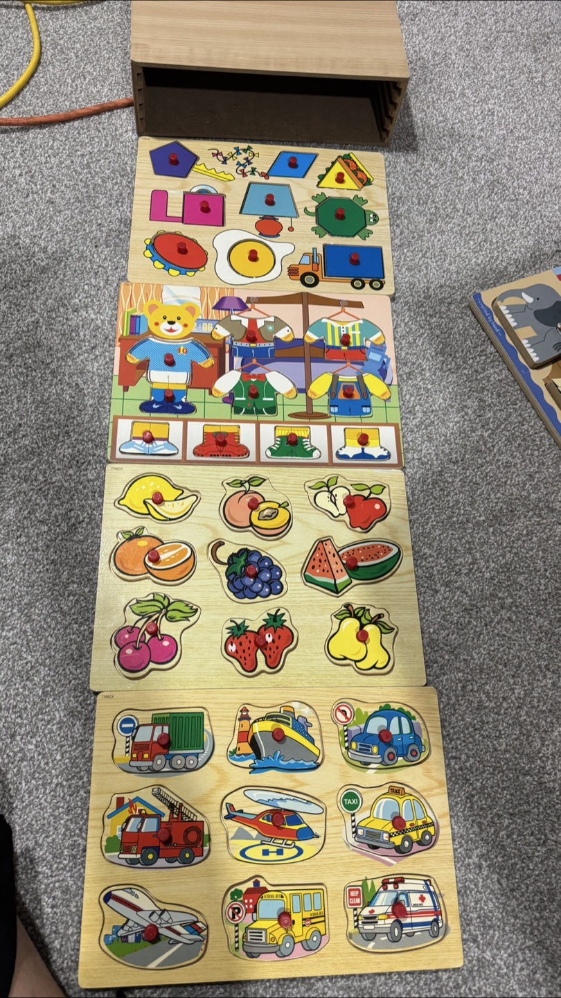 Wooden Peg Puzzles - Shapes, Clothes, Fruits, Vehicles