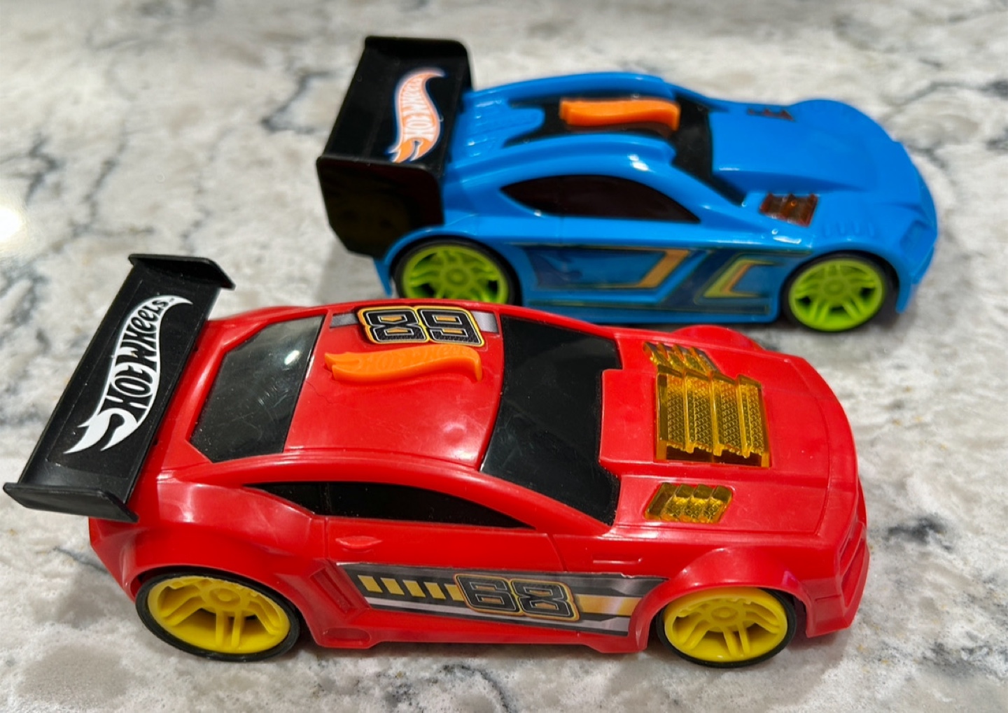 Plastic Hot Wheels Race Cars. Button on Top Play Burnout Noises