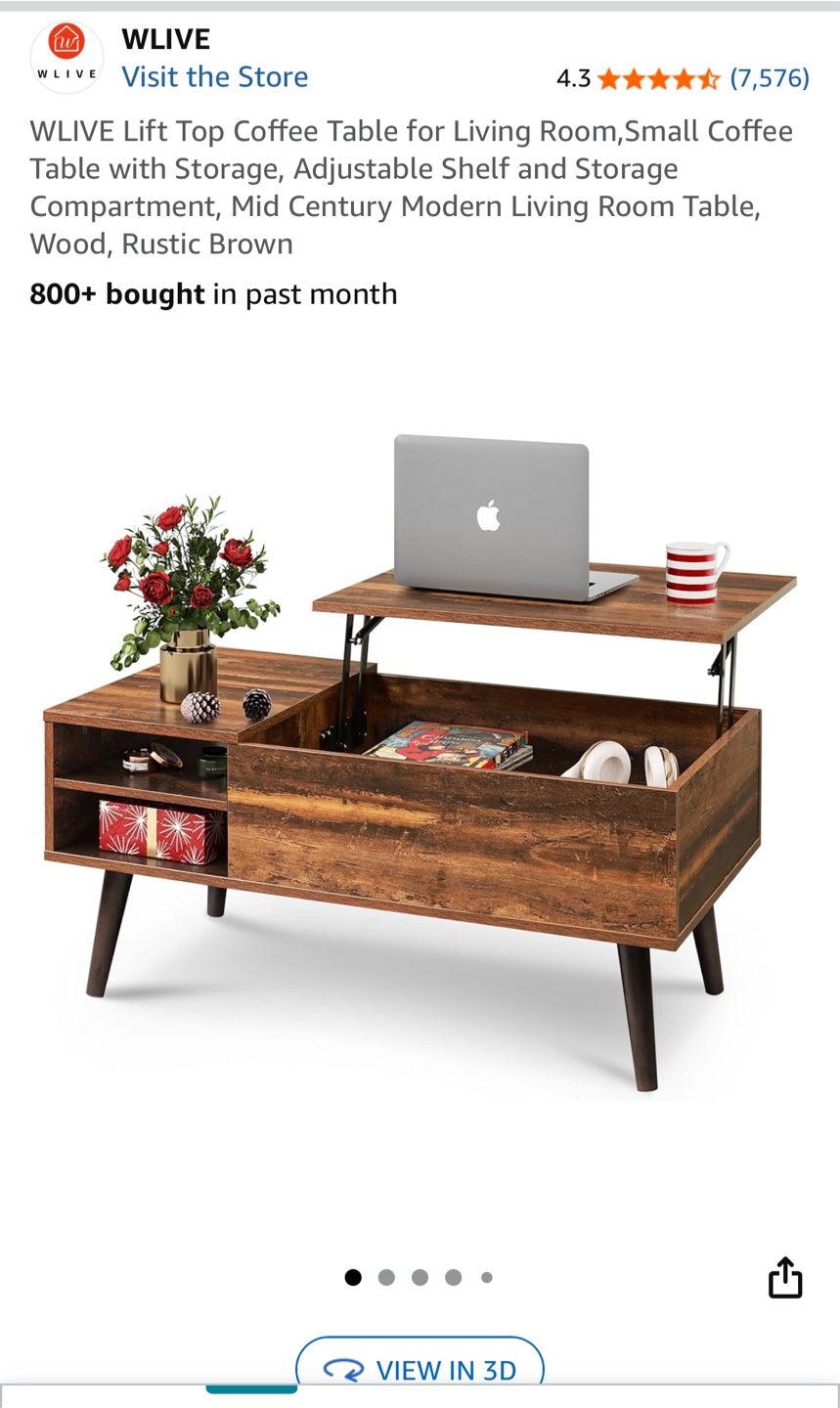 WLIVE Lift Top Coffee Table - Rustic Brown