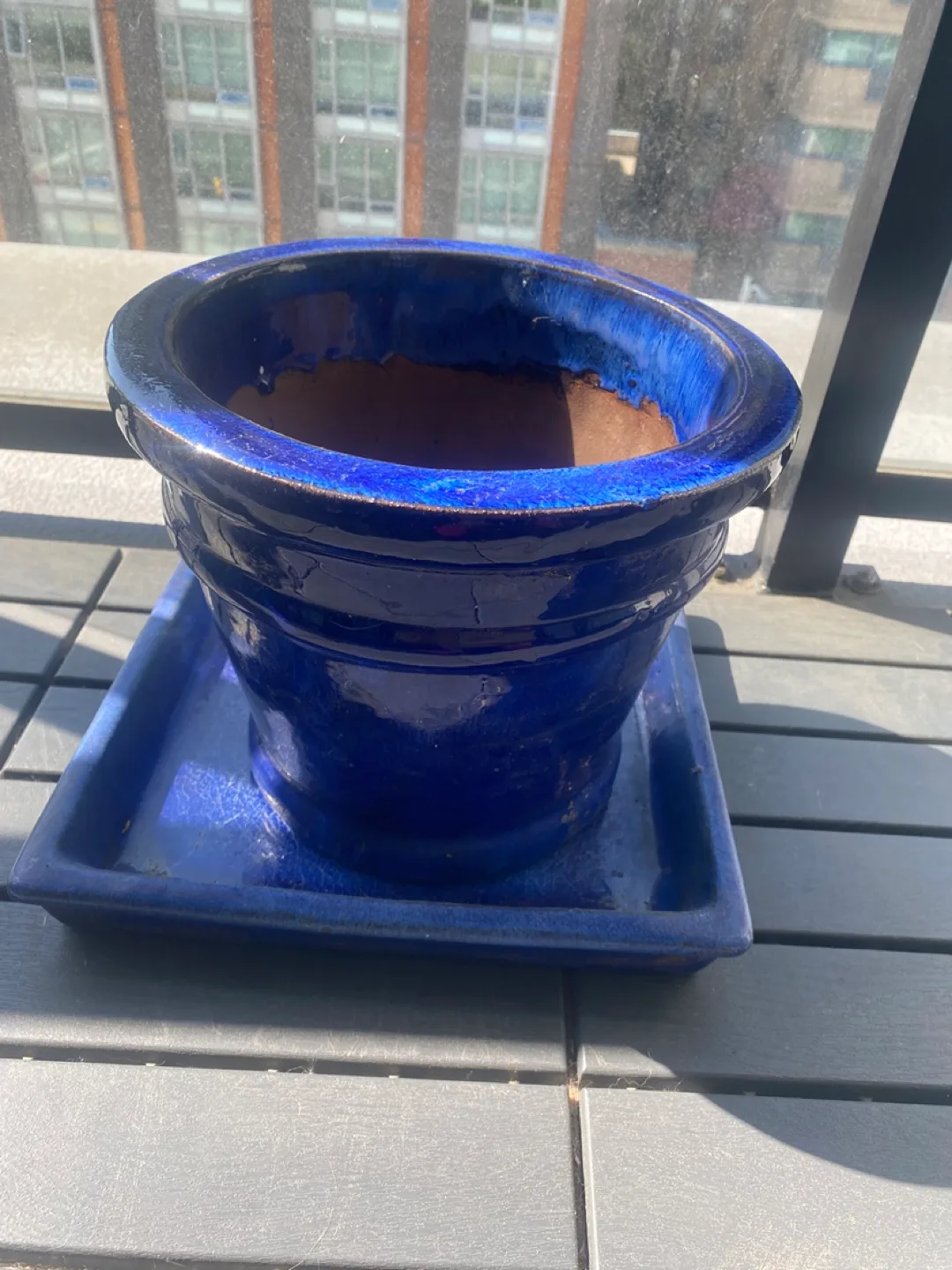 Large Blue Ceramic Plant Pot with Tray