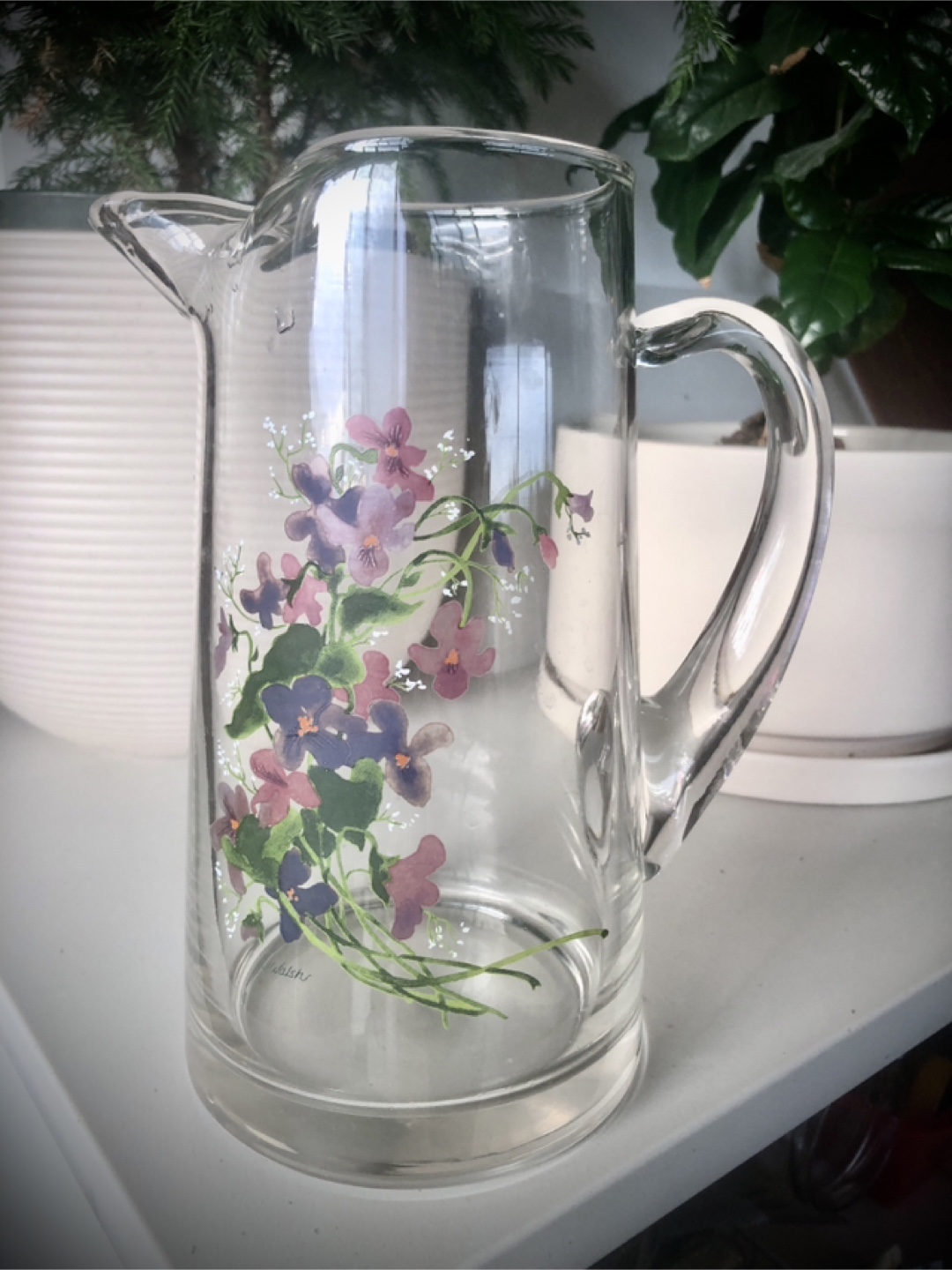 Vintage J. Walsh Floral Glass Pitcher