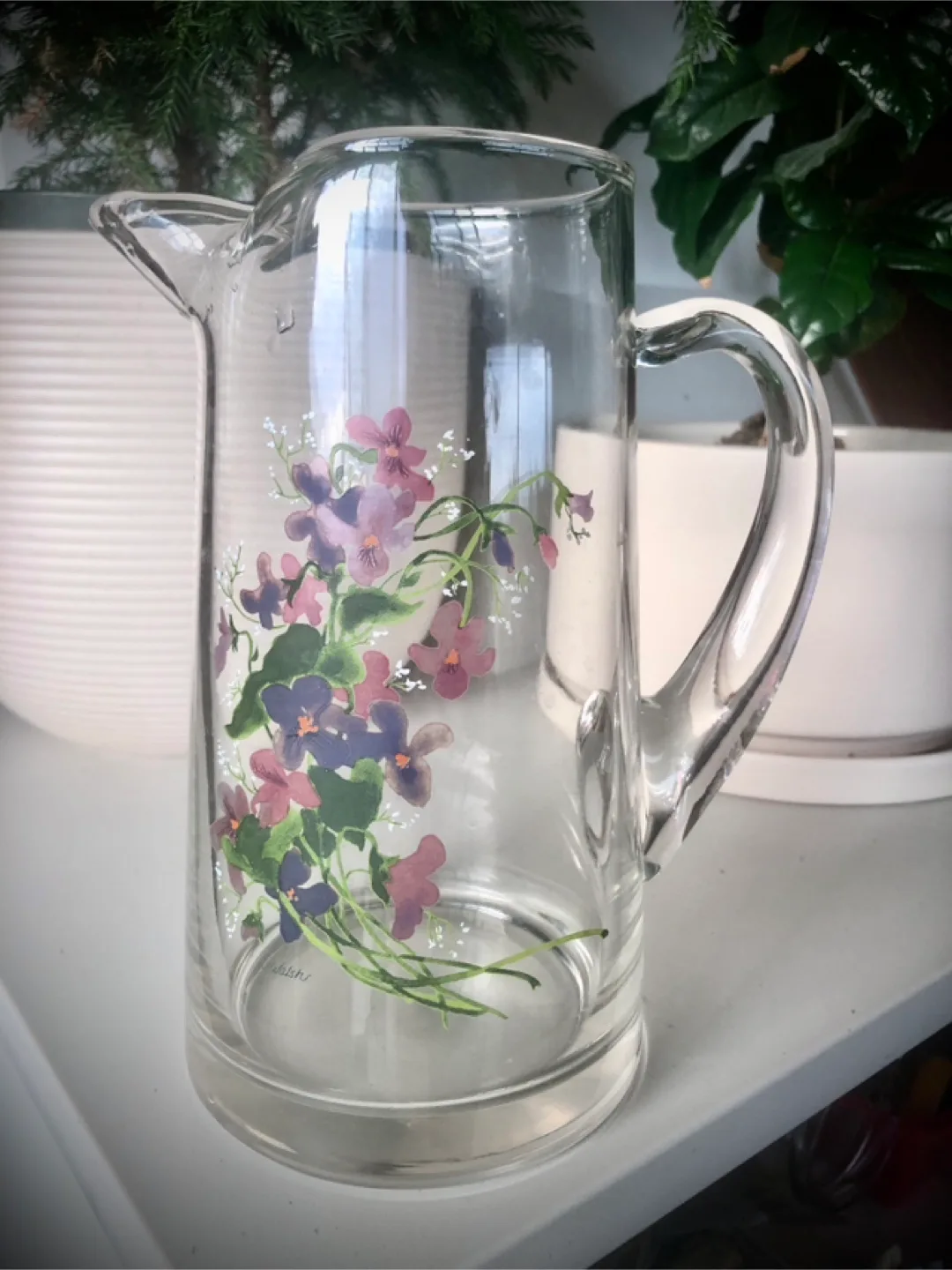 Vintage J. Walsh Floral Glass Pitcher thumbnail