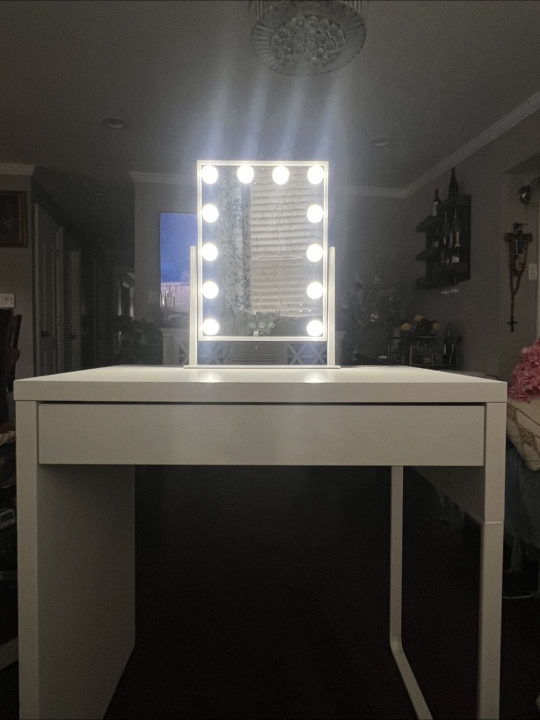 White Vanity Desk with Hollywood Lighted Mirror