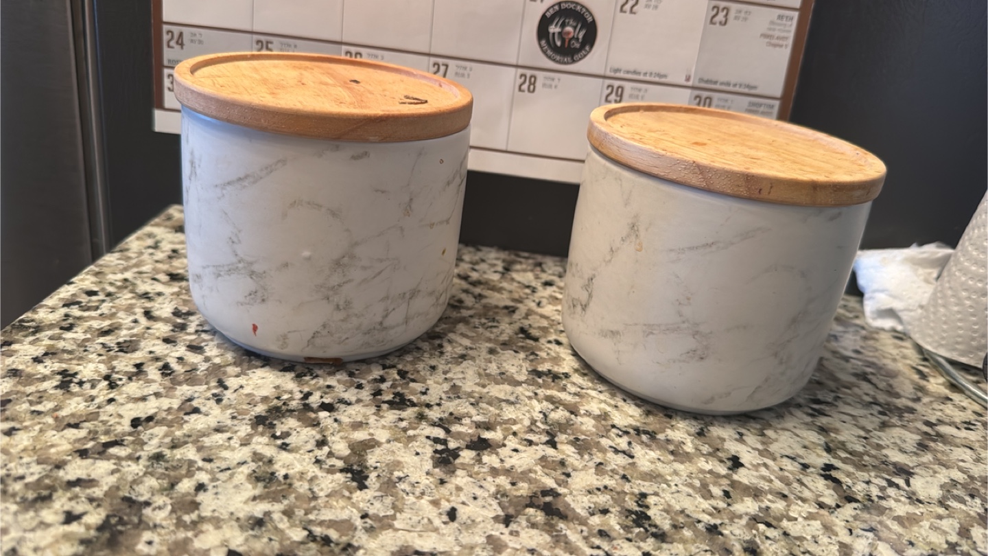 Set of 2 Marble Canisters with Wood Lids