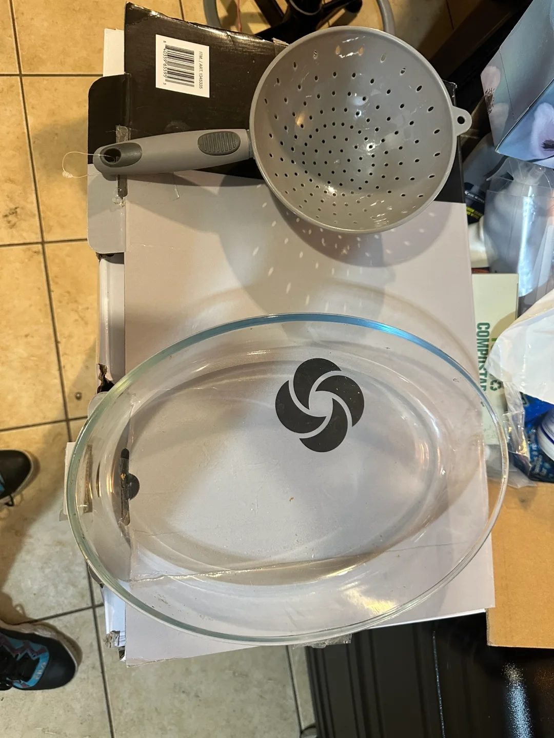 Glass Oval Baking Dish & Grey Colander thumbnail