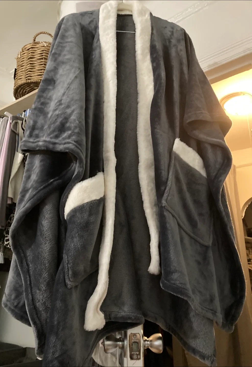 Gray Plush Robe with White Trim for women image indicator(2)