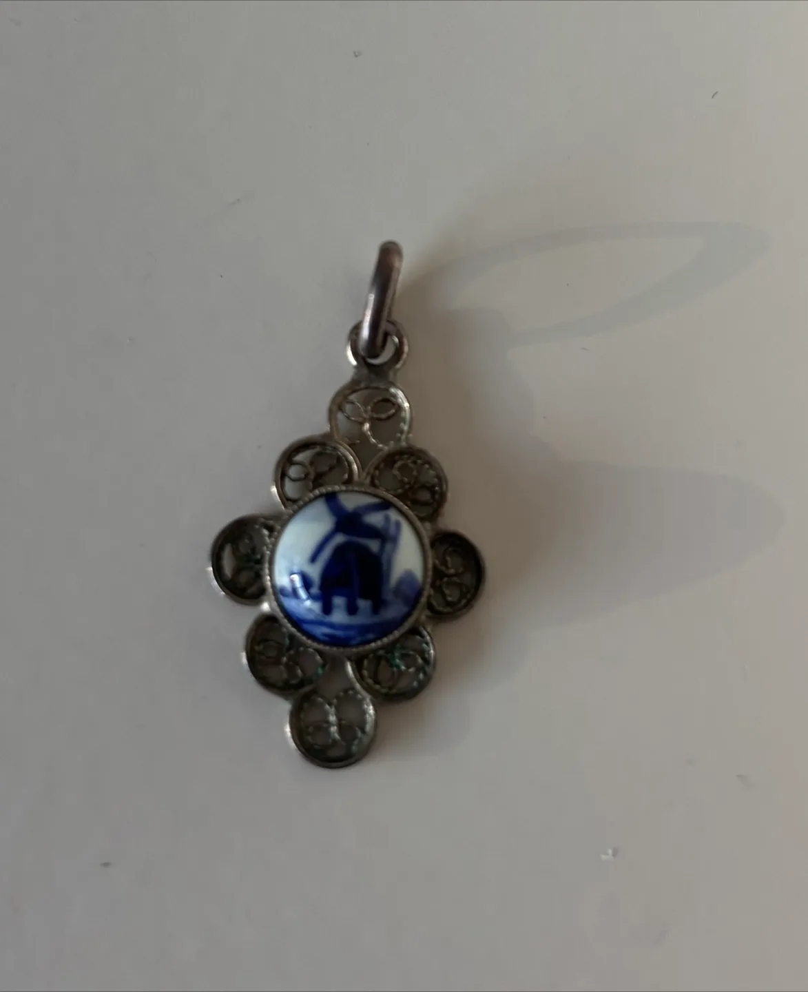 Vintage Delft Blue Floral Pendant, Silver thumbnail