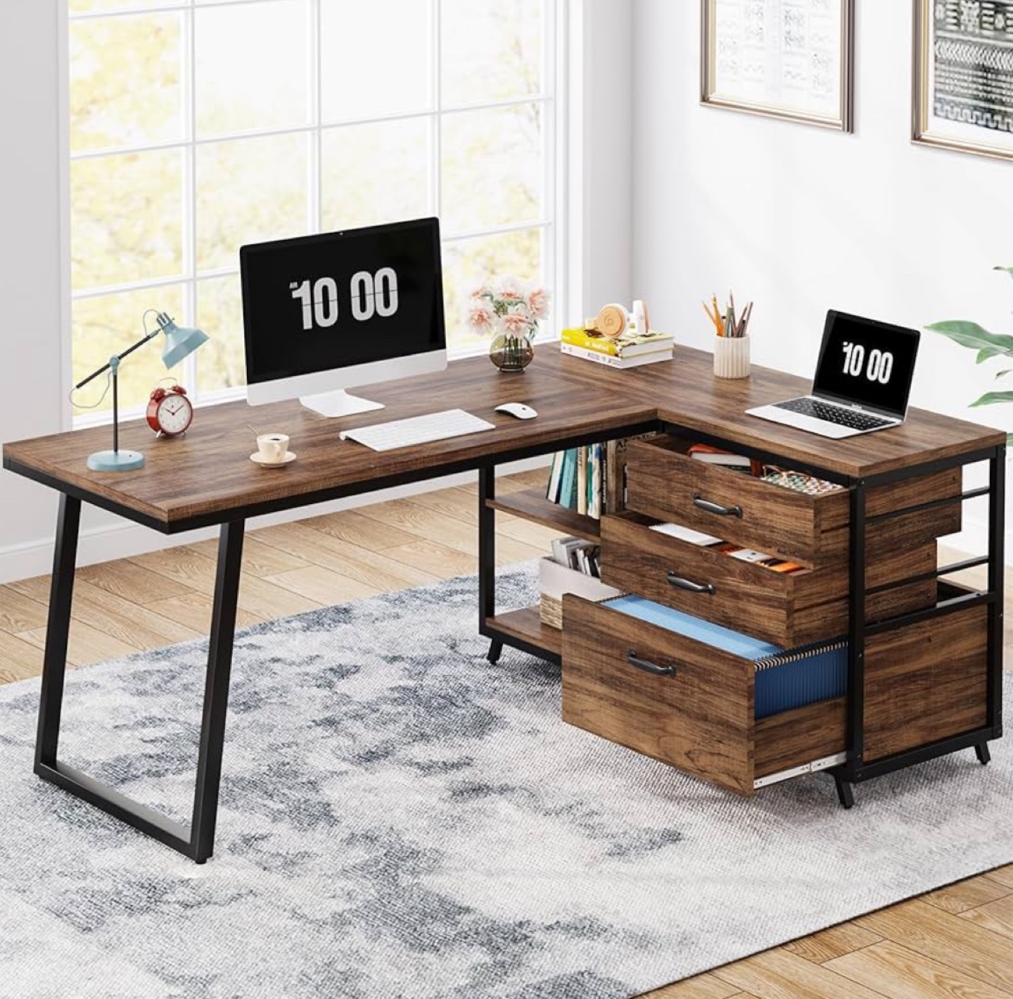 L-Shaped Corner Desk with Drawers
