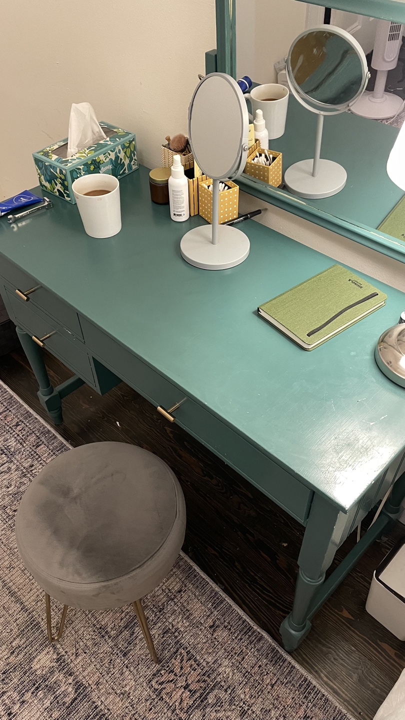 Teal Vanity Desk with Mirror & Stool - photo 2
