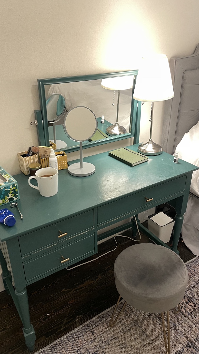 Teal Vanity Desk with Mirror & Stool