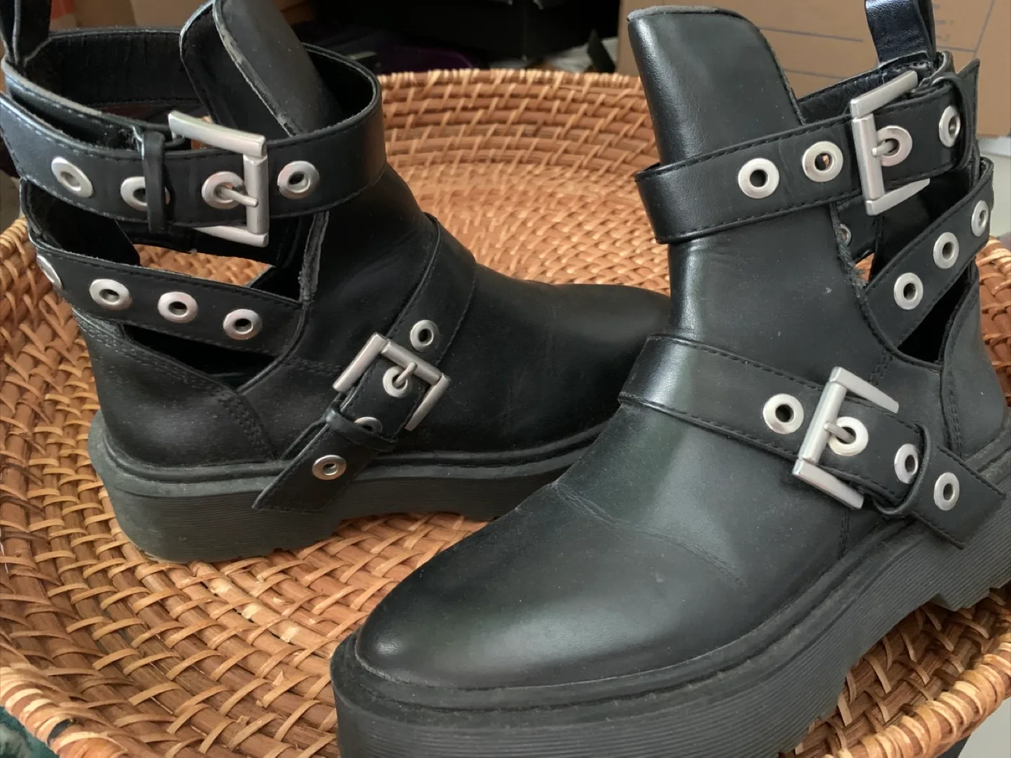 ZARA Black Platform Ankle Boots with Buckles Size 36 thumbnail