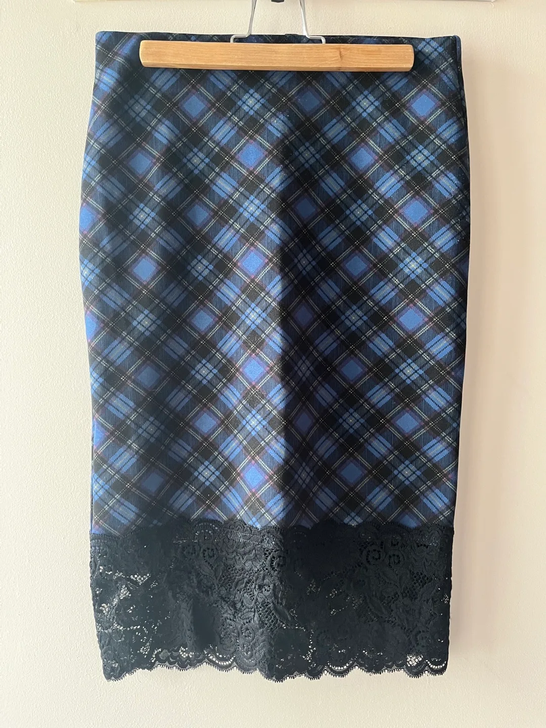 Blue Plaid and Lace Pencil Skirt - Size S thumbnail