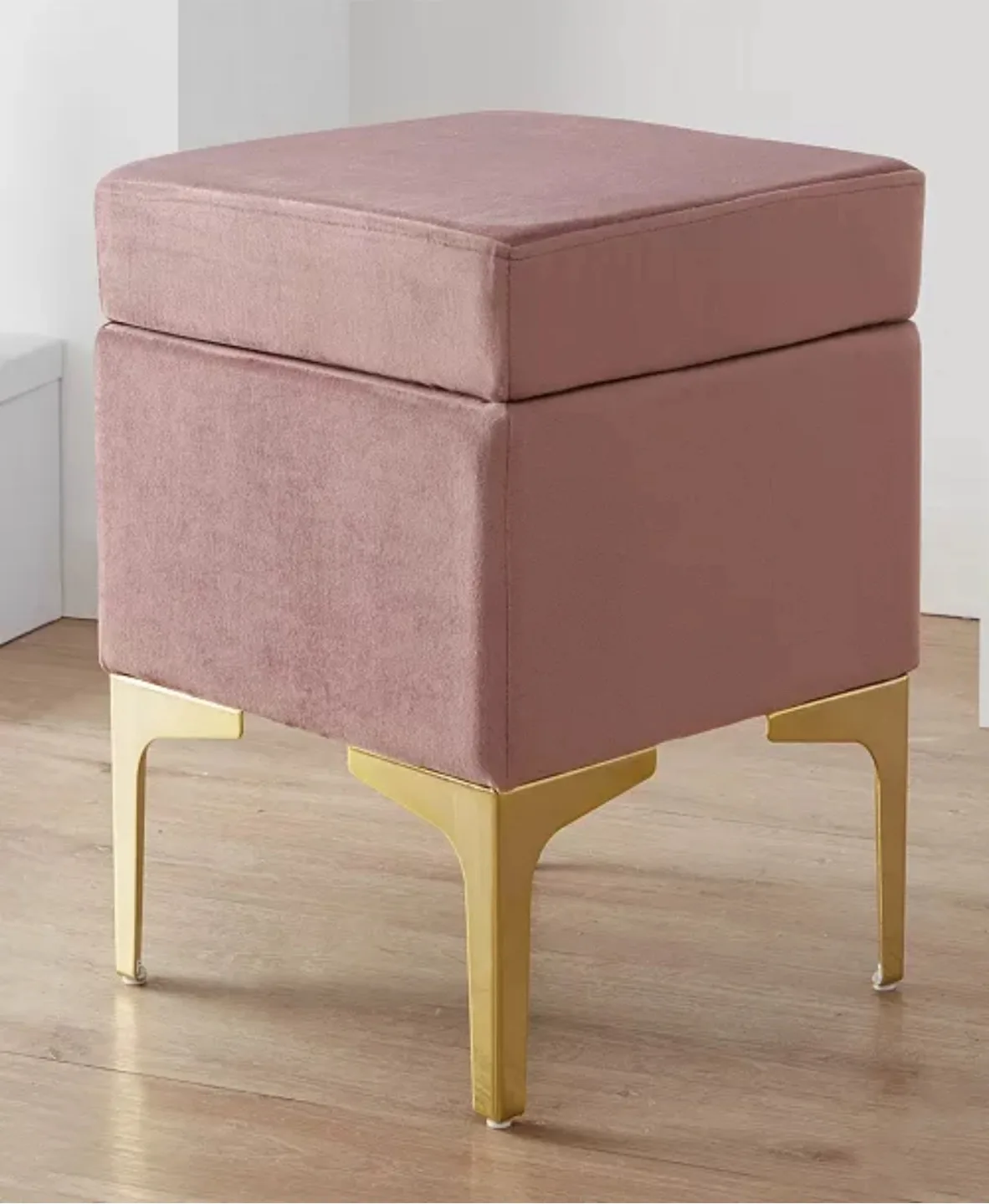 ORNAVO HOME Pink Velvet Ottoman with Gold Legs thumbnail