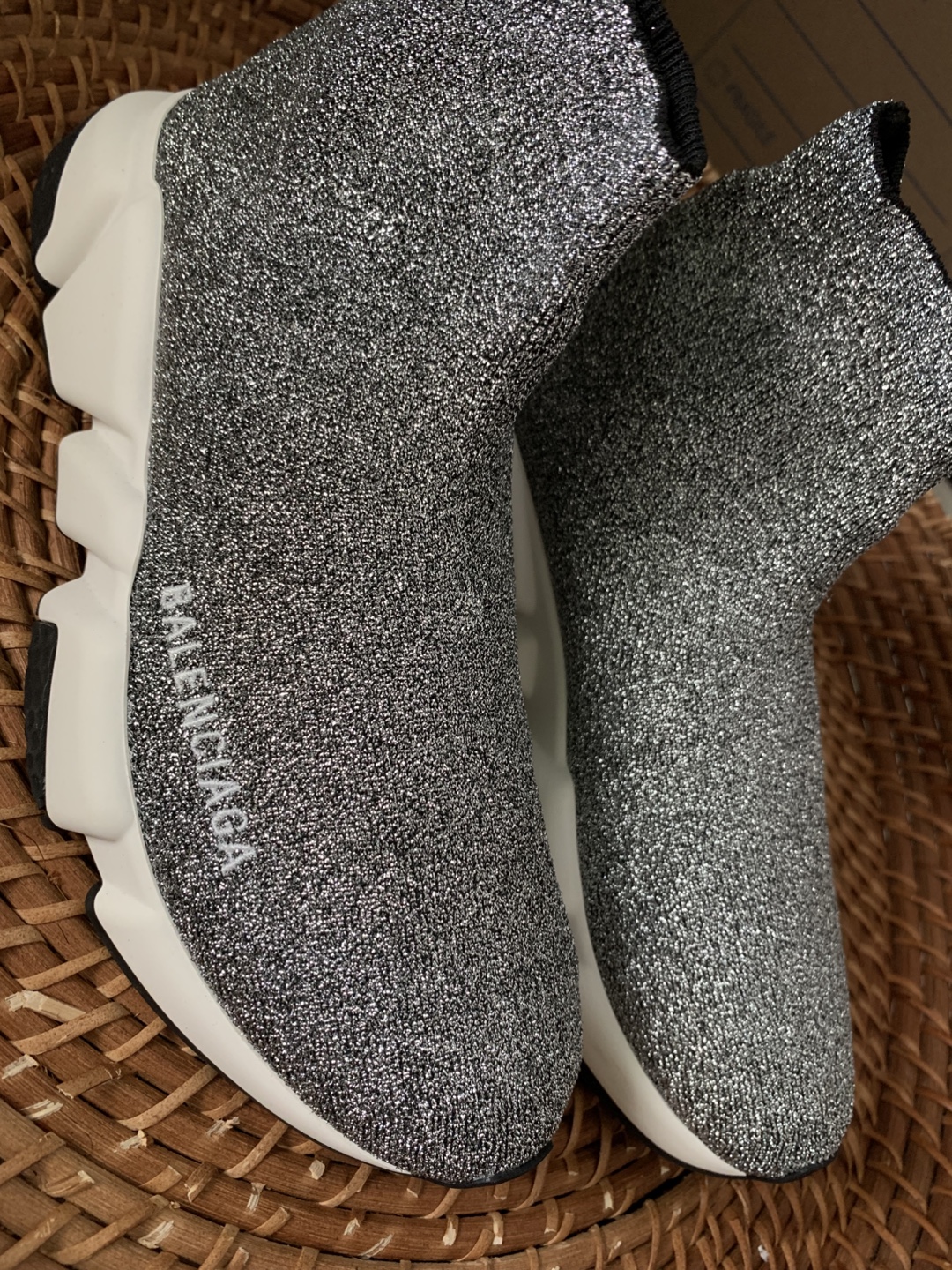 Balenciaga Speed 2.0 Silver Glitter Knit Sneakers, Size 6
