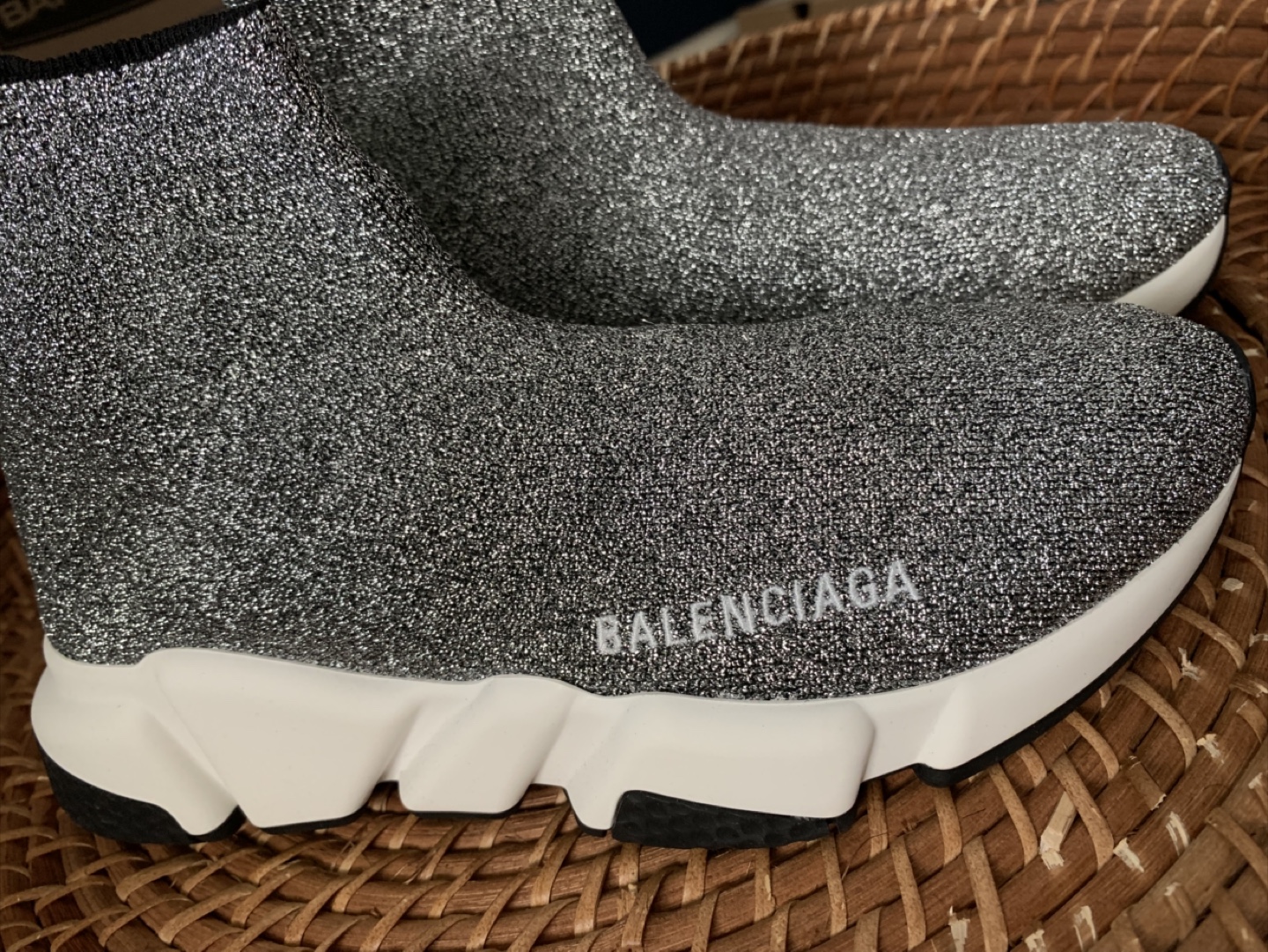 Balenciaga Speed 2.0 Silver Glitter Knit Sneakers, Size 6 - photo 2