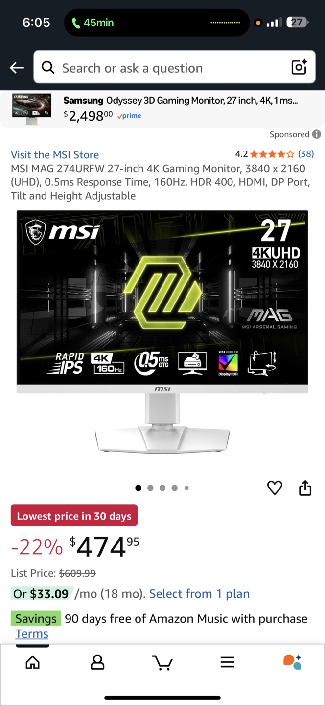 MSI MAG 274URFW 27" 4K Gaming Monitor - White