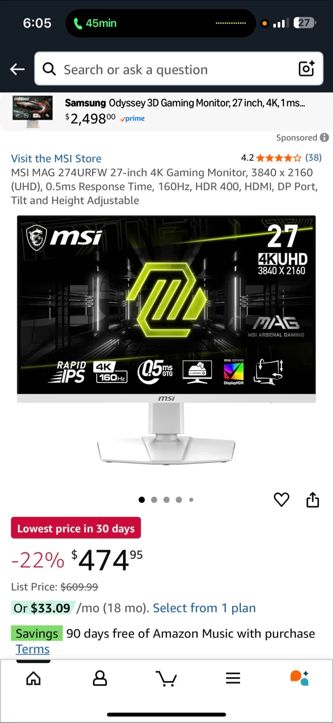MSI MAG 274URFW 27" 4K Gaming Monitor - White thumbnail