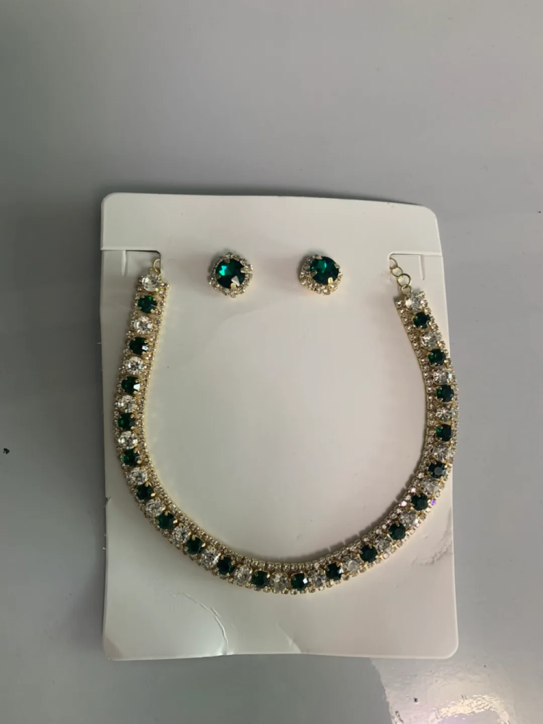 Emerald & Rhinestone Choker Necklace & Earrings Set image indicator(6)