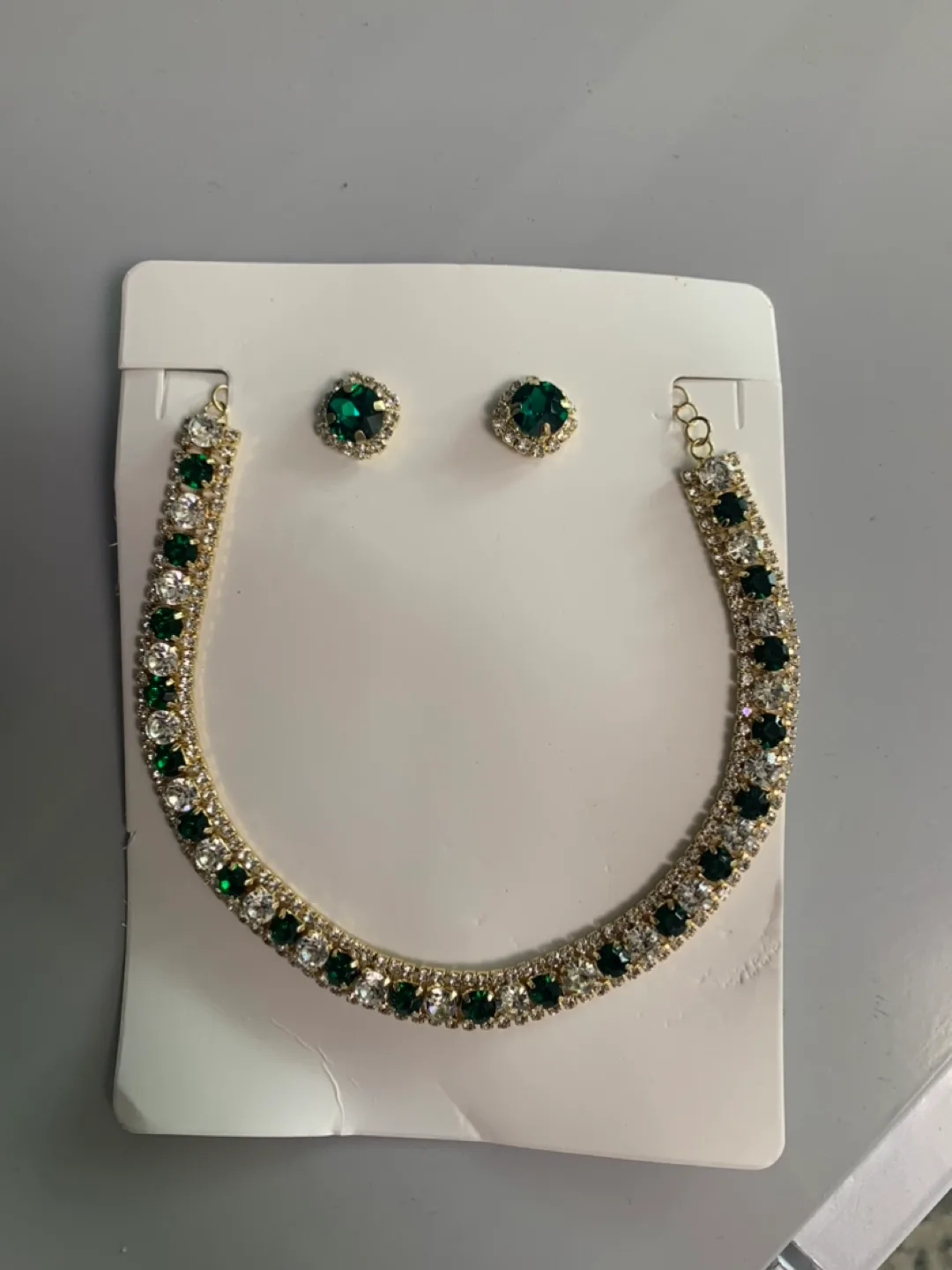 Emerald & Rhinestone Choker Necklace & Earrings Set image indicator(5)