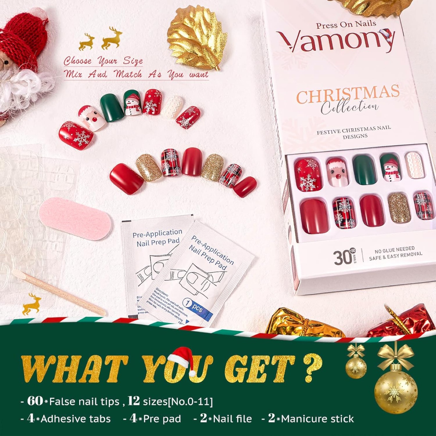 Festive Christmas Press on nails - 60 pcs