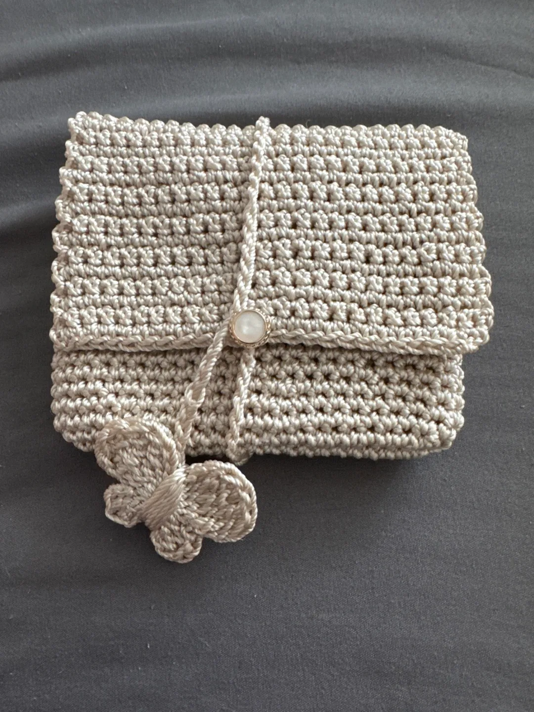 Brand new Handmade crochet wallet with butterfly pendant thumbnail