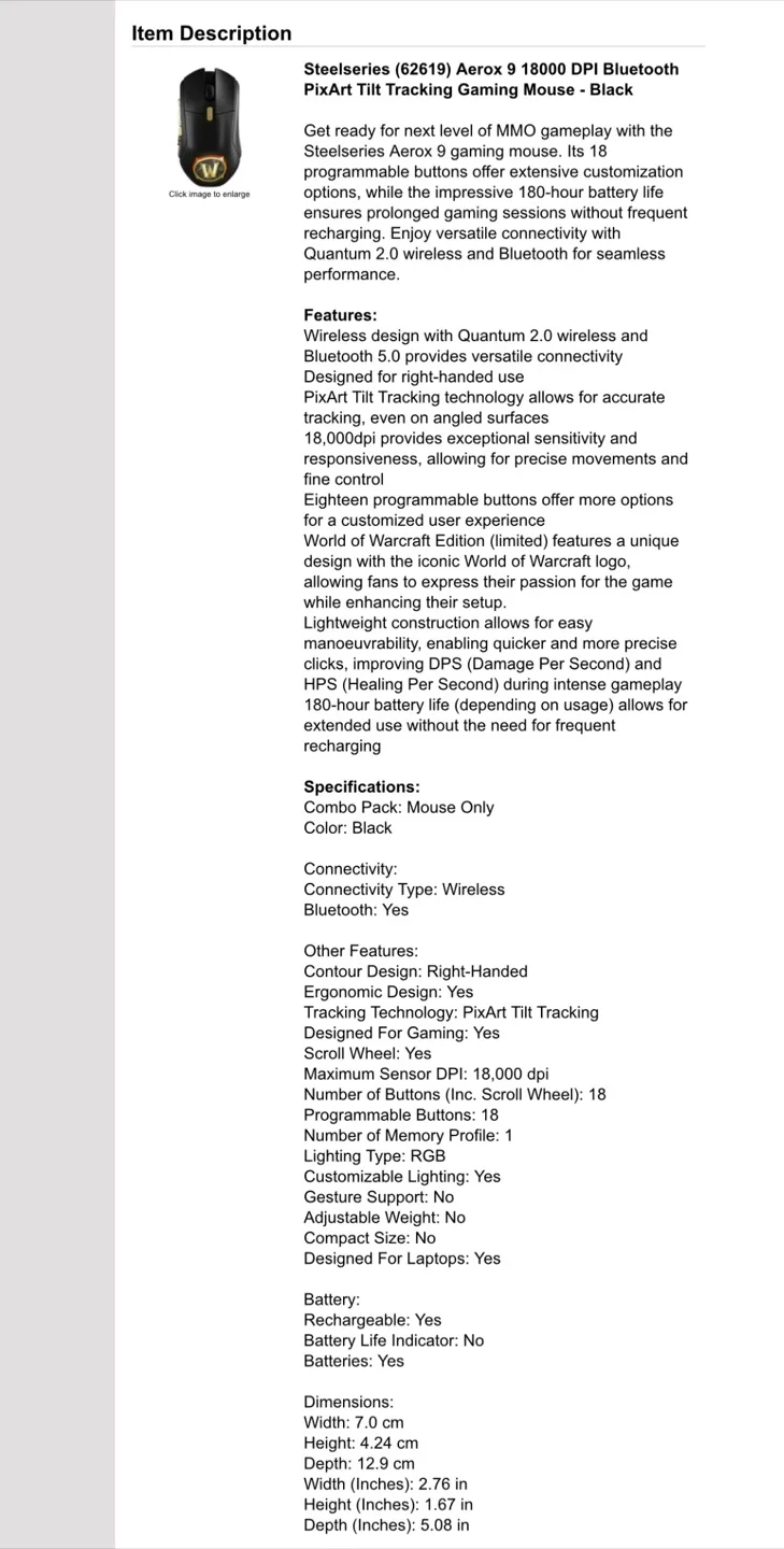 NEW!! Steelseries Aerox 9 18000DPI Tracking Gaming Mouse - $225 image indicator(6)