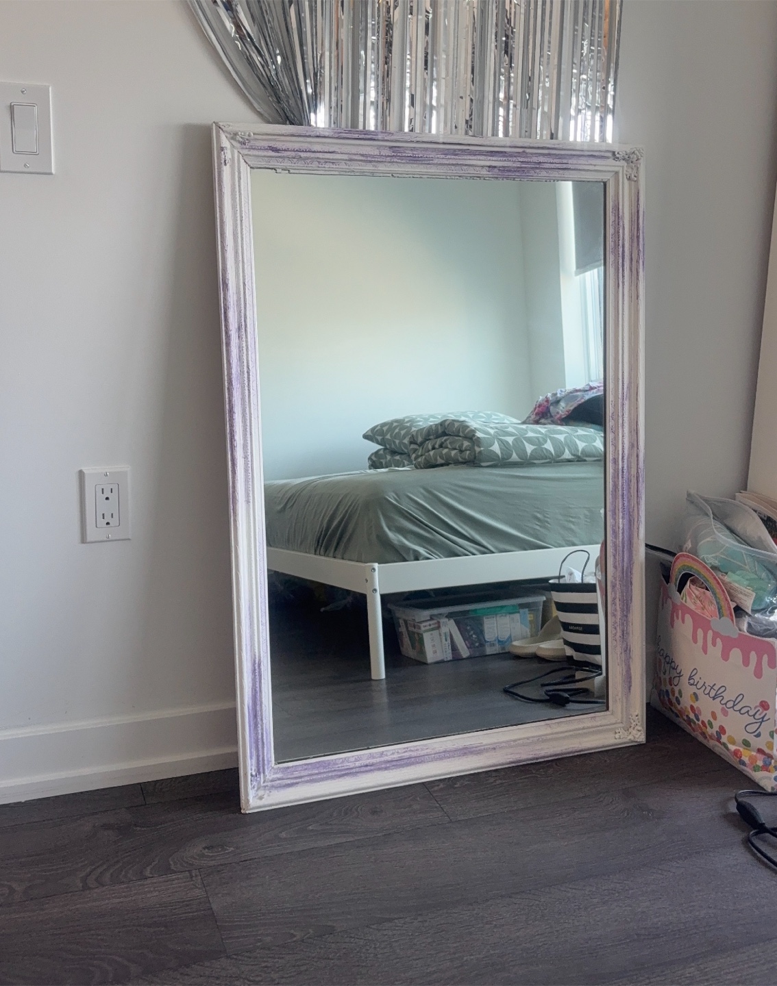 White Framed Mirror with Purple Accent