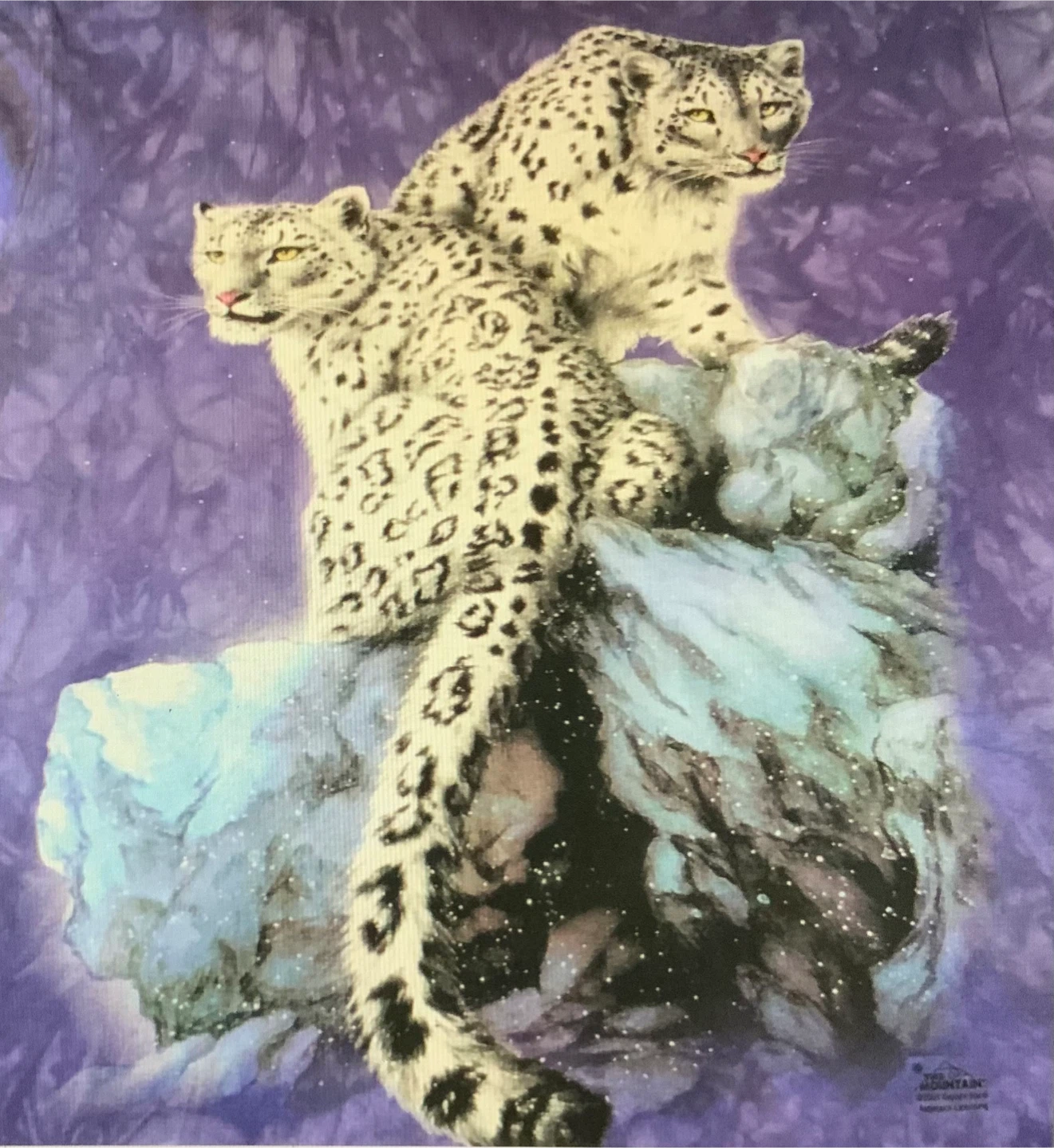 Snow leopard mountain tie-dyed purple print T-shirt. Size large.