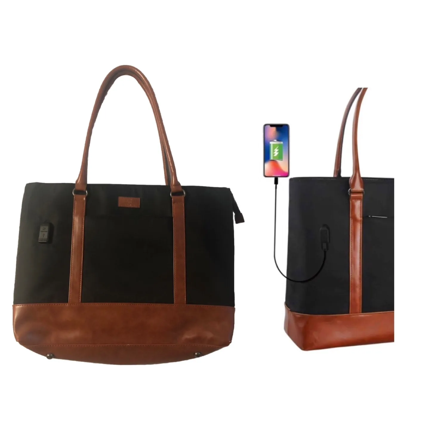 Reiavel Laptop Tote Bag - Black & Brown with usb charging port thumbnail