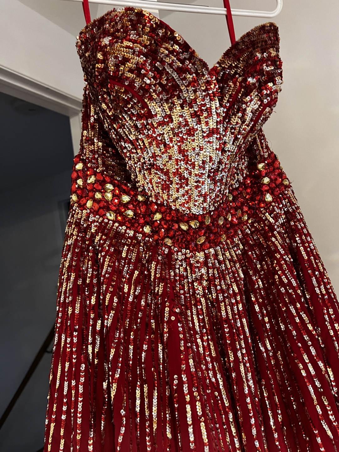 Red Sequin Embellished Prom Dress - photo 5