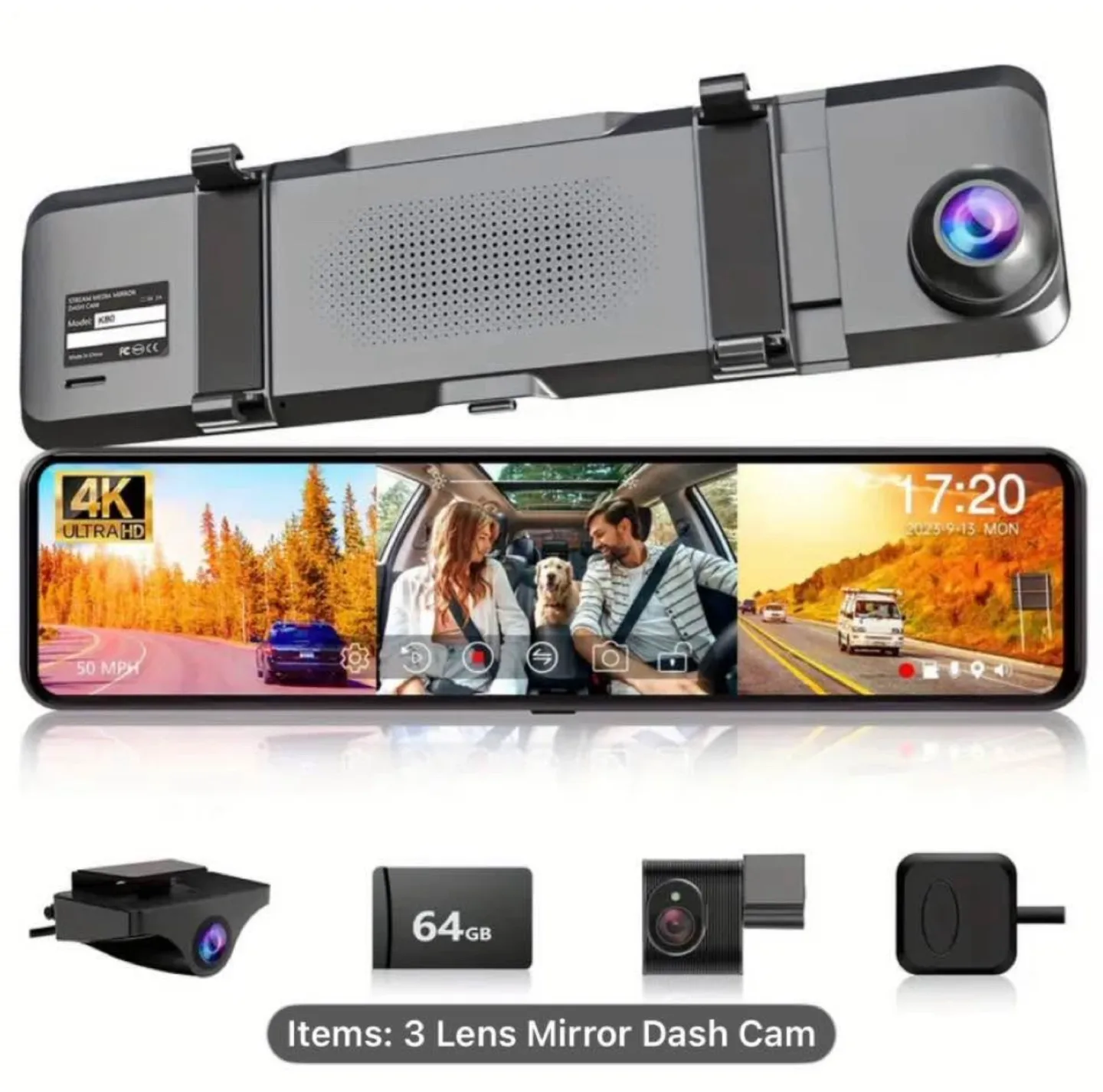 3-Channel 11" Touch Screen Mirror Dash Cam for Cars & Trucks image indicator(5)