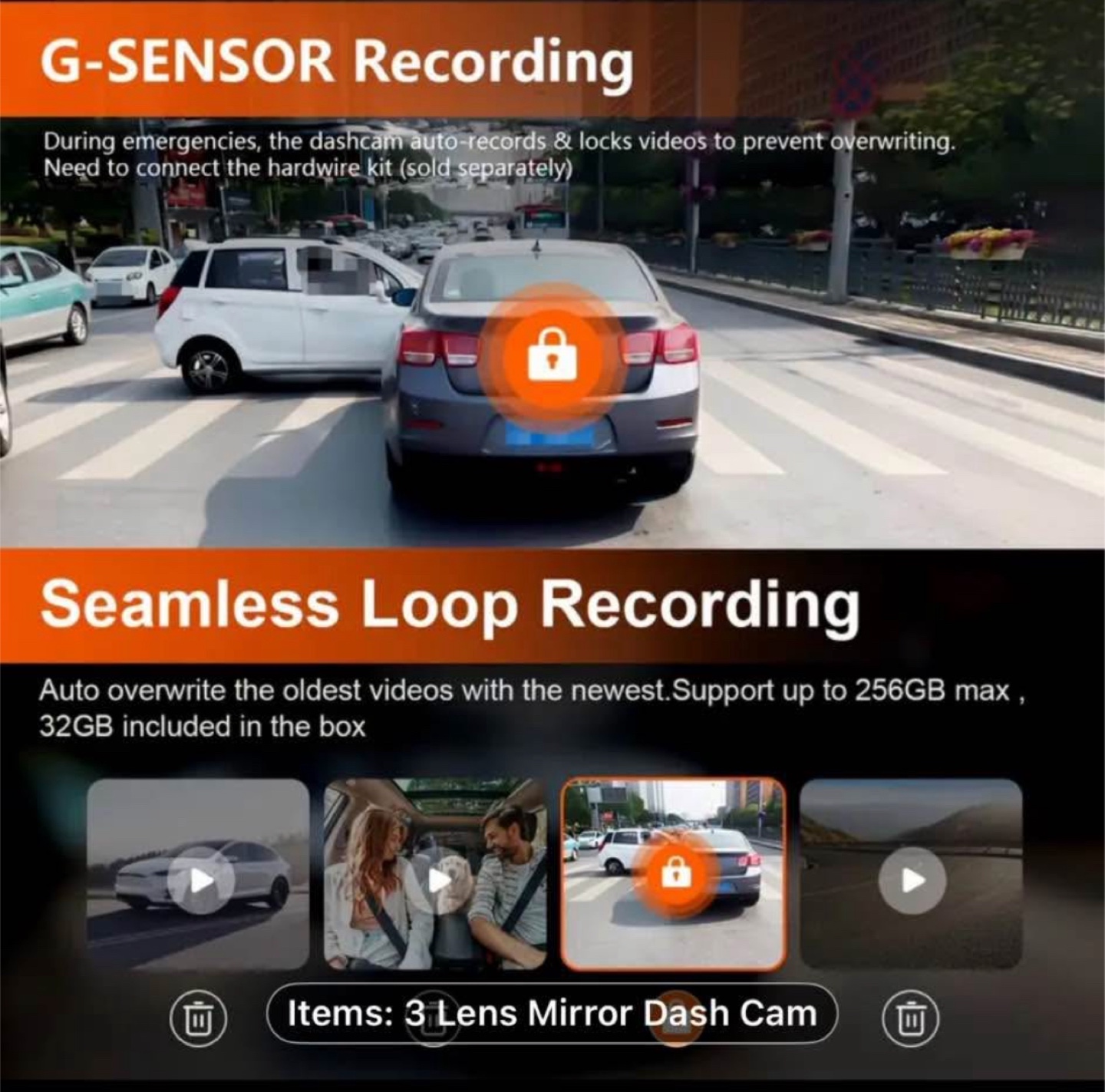 3-Channel 11" Touch Screen Mirror Dash Cam for Cars & Trucks