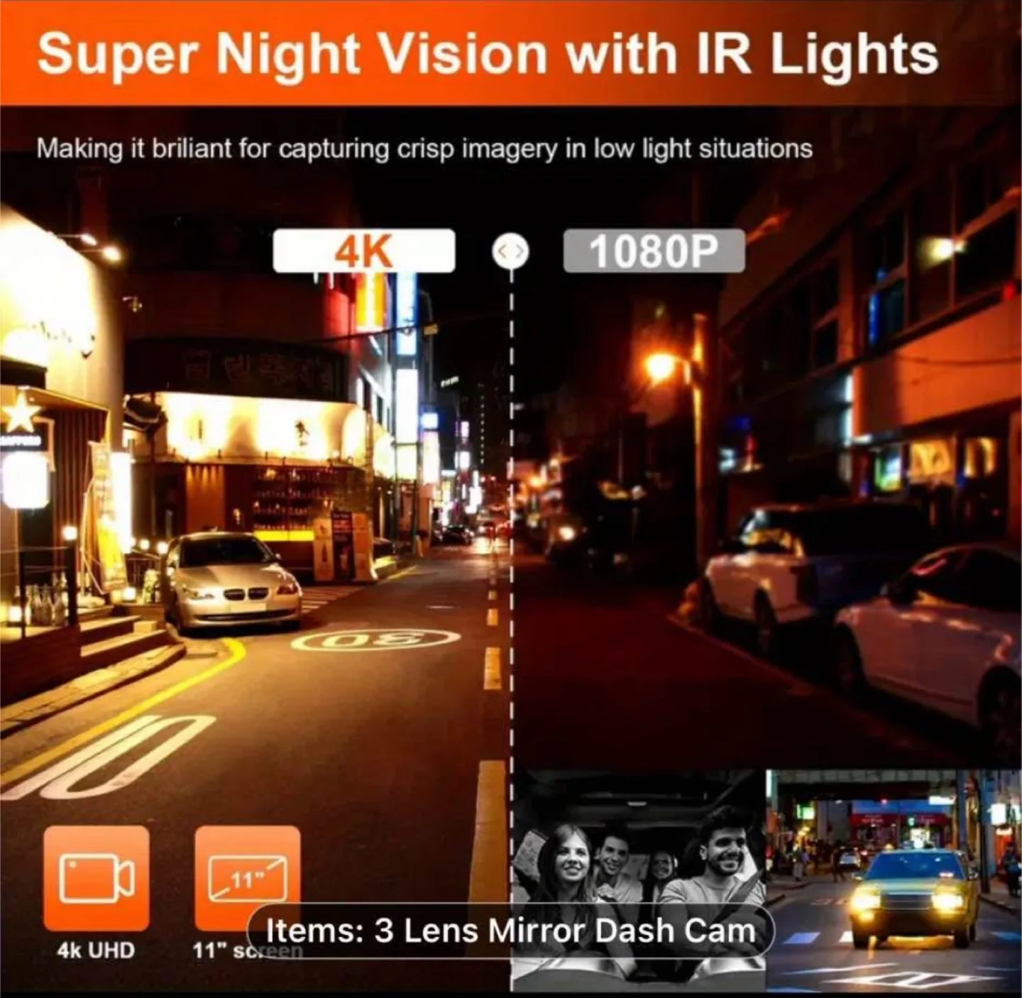 3-Channel 11" Touch Screen Mirror Dash Cam for Cars & Trucks image indicator(4)