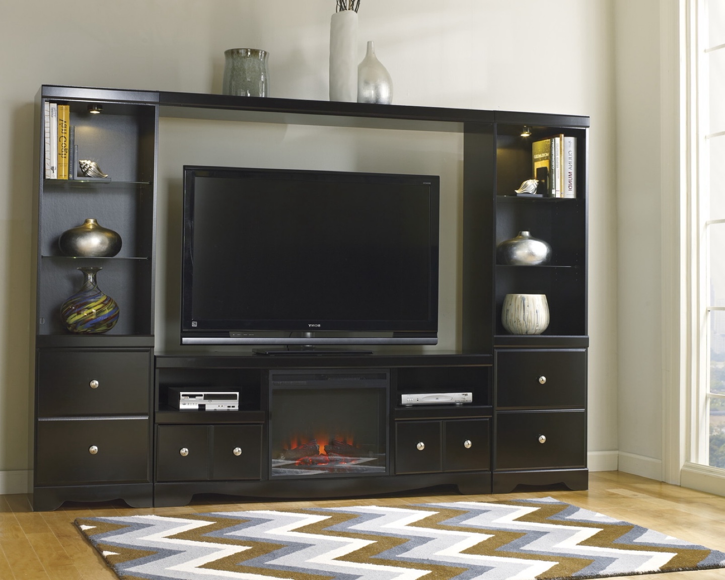 Black Entertainment Center with Fireplace