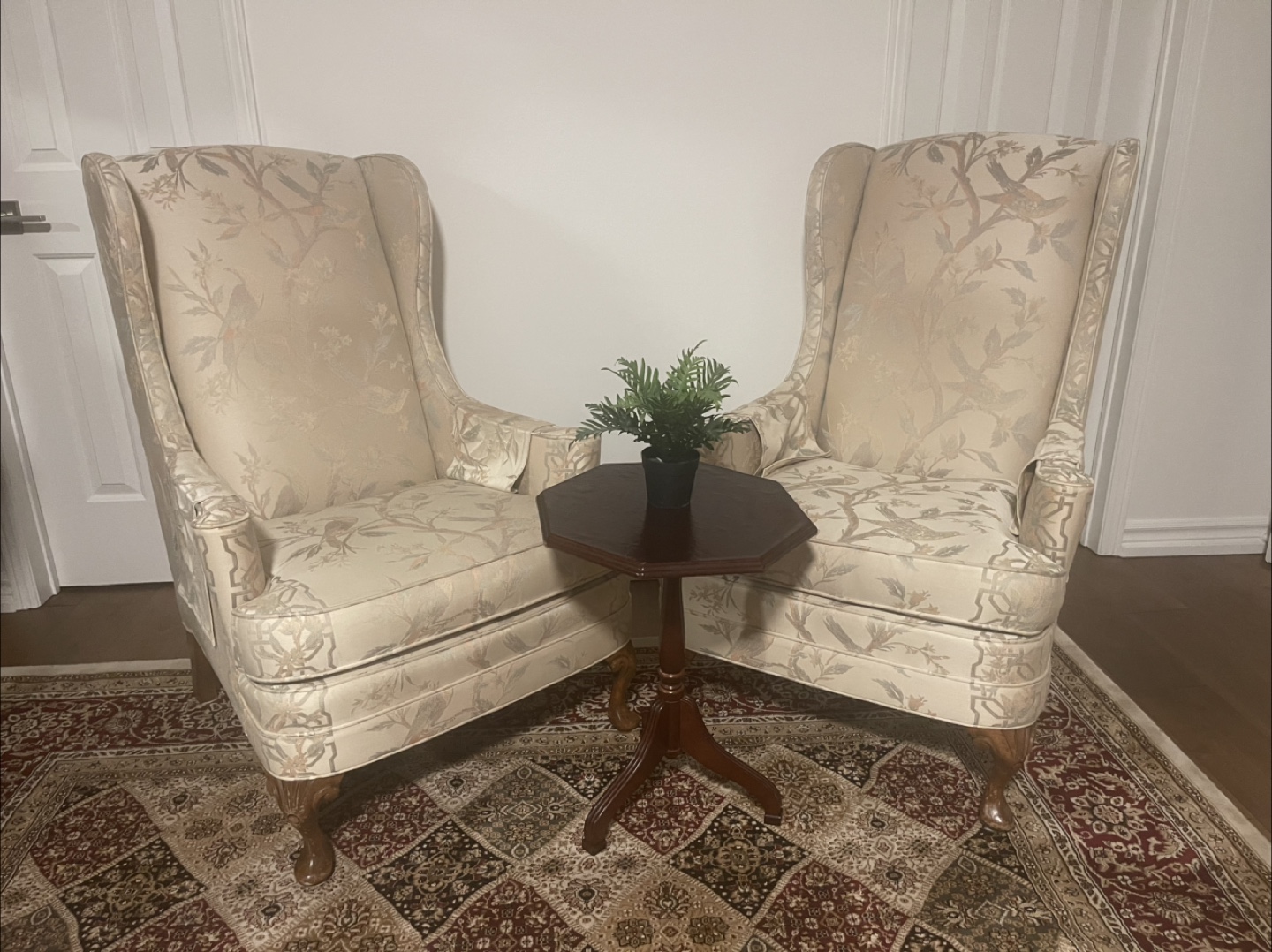 Pair of Wingback Armchairs and a table