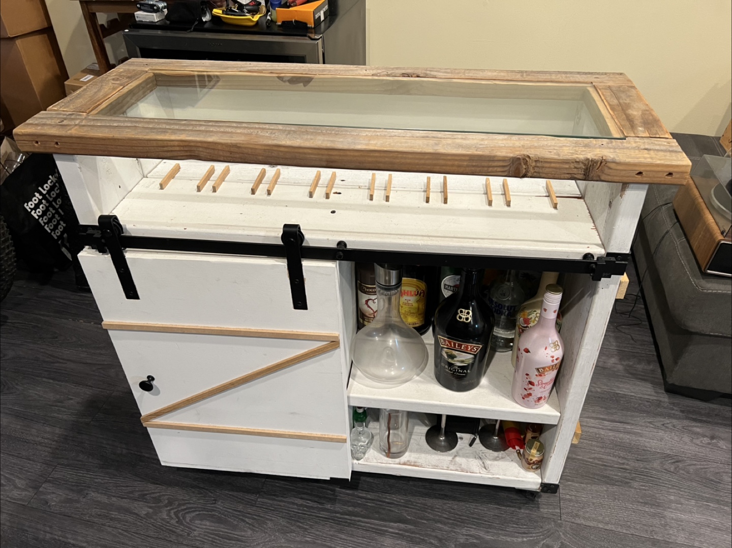 Rustic White Bar Cabinet with Sliding Door