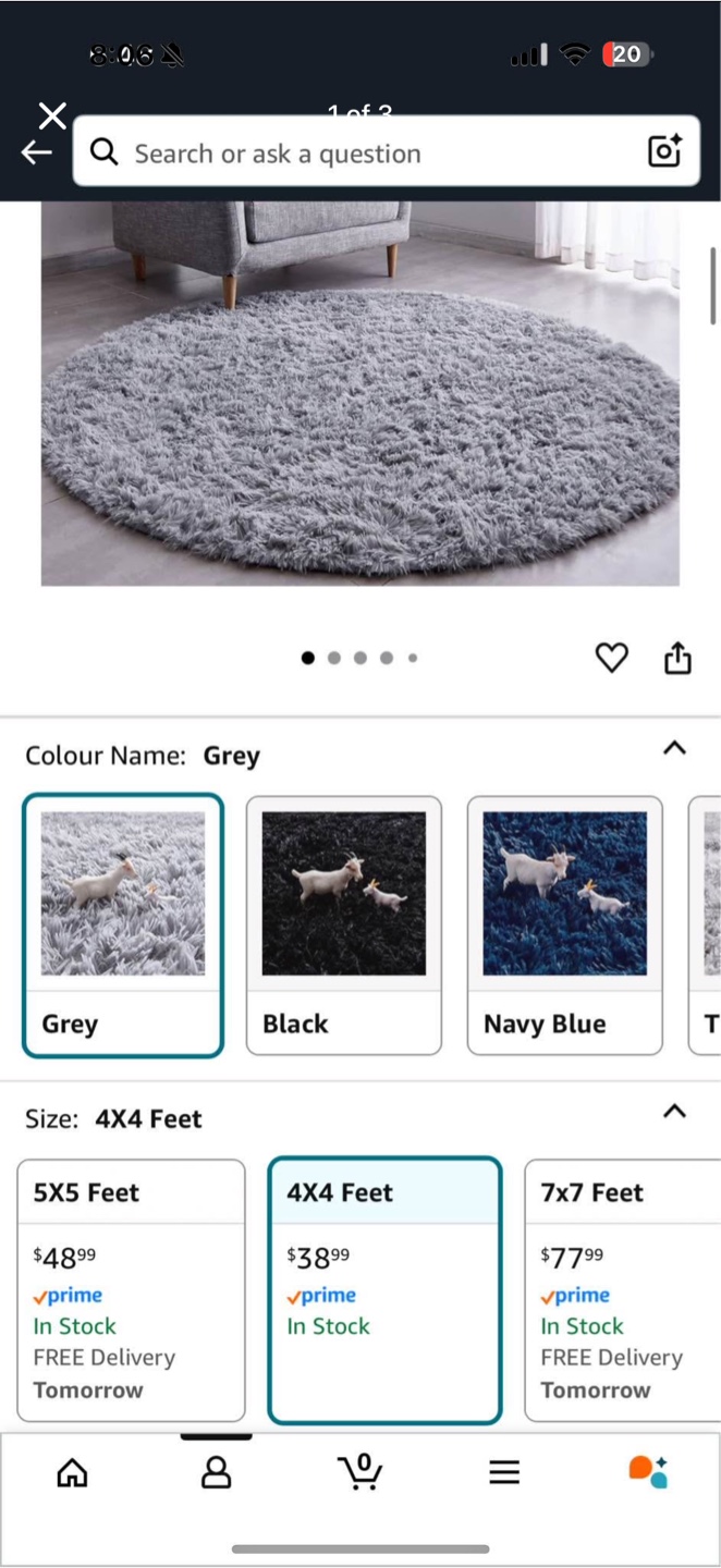 BRICHOEE Grey Round Shag Rug 4x4 Feet - Like New!