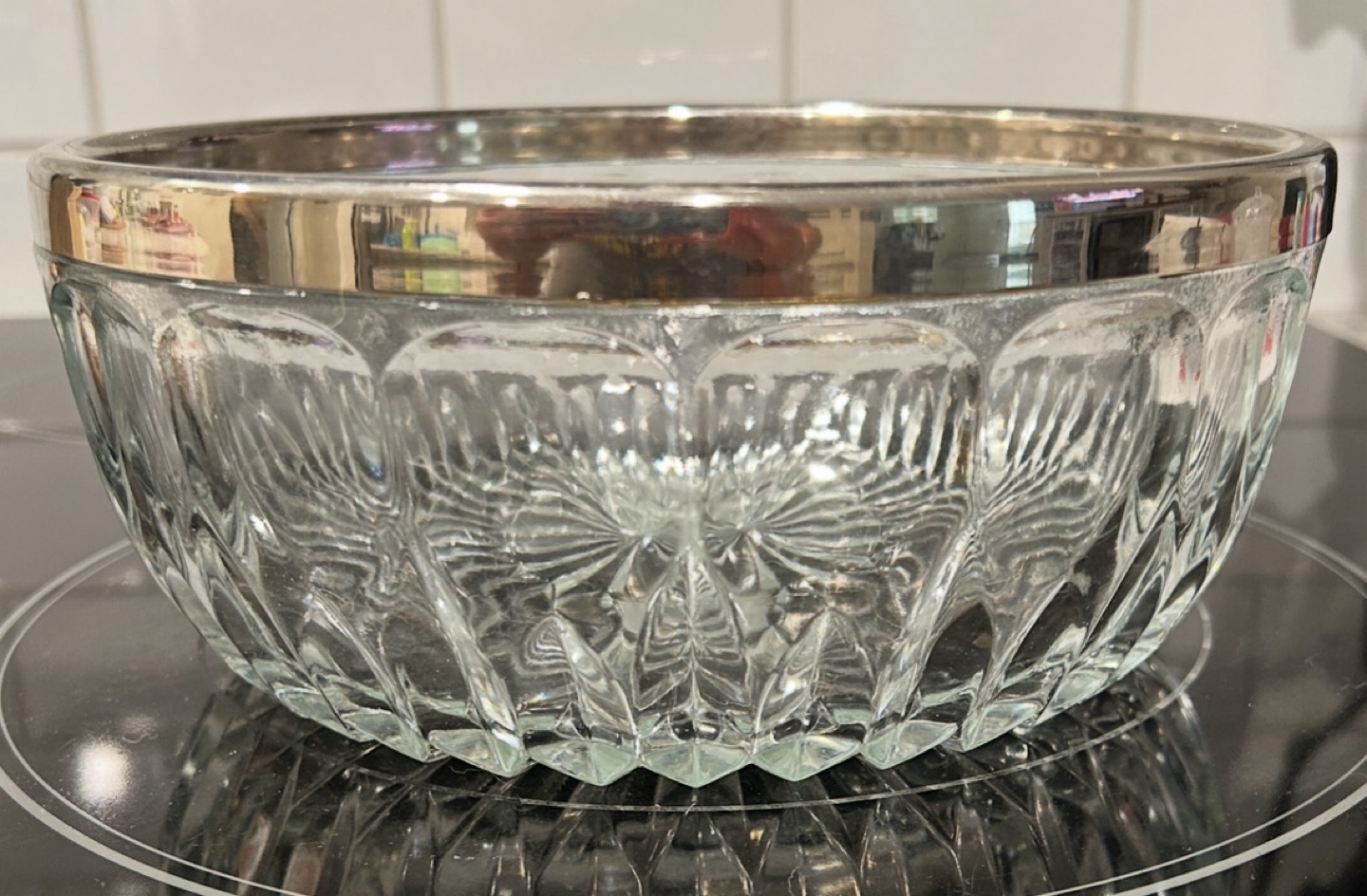 Vintage Round Crystal Bowl with Silver Plated Rim