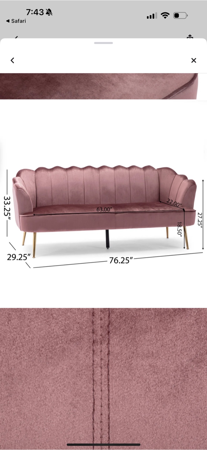 Pink Velvet Scalloped Sofa - 76" Length - photo 4