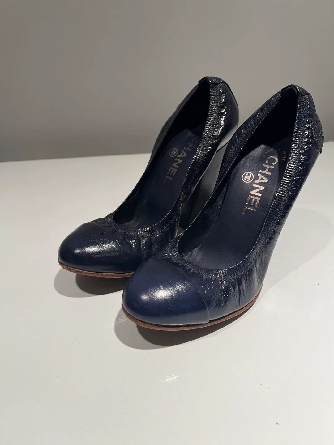 Chanel Navy Leather Heel Pumps thumbnail