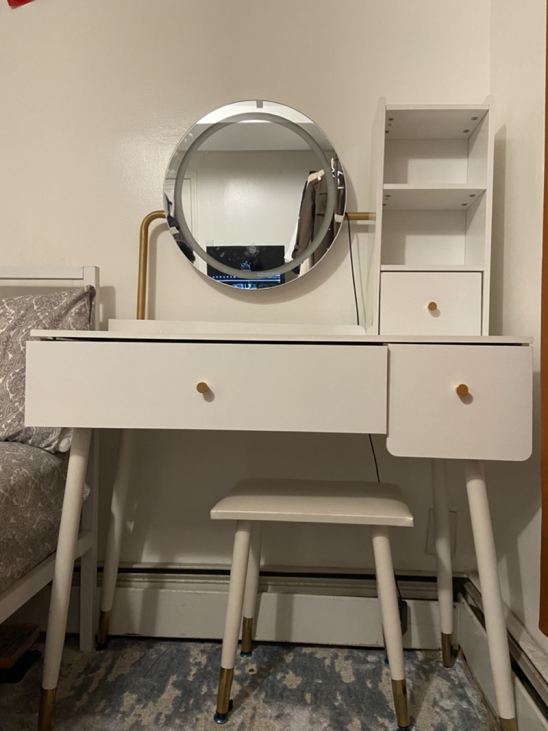 White Vanity Table with Lighted Mirror & Stool