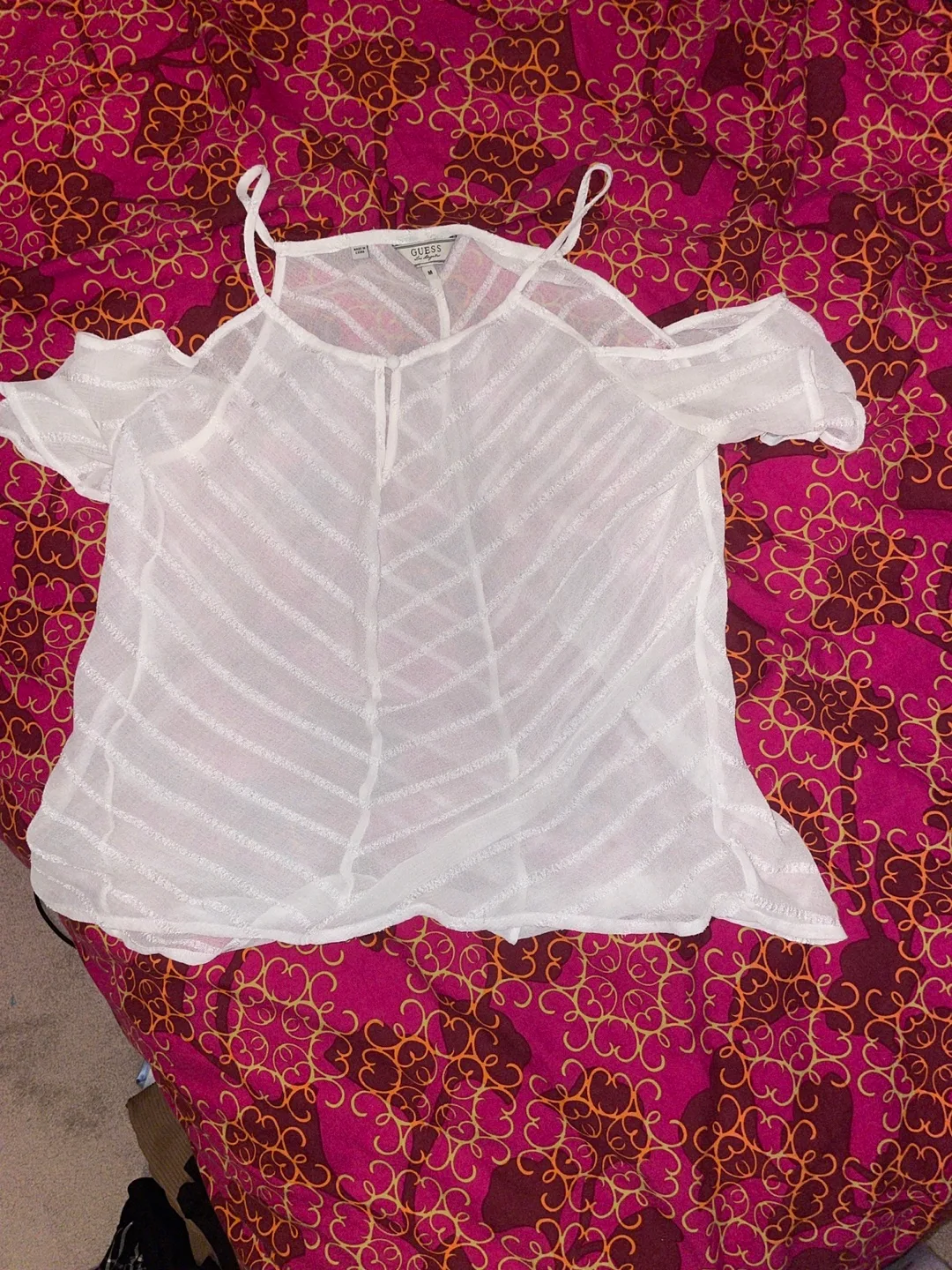 Guess White Cold Shoulder Top - Size M thumbnail
