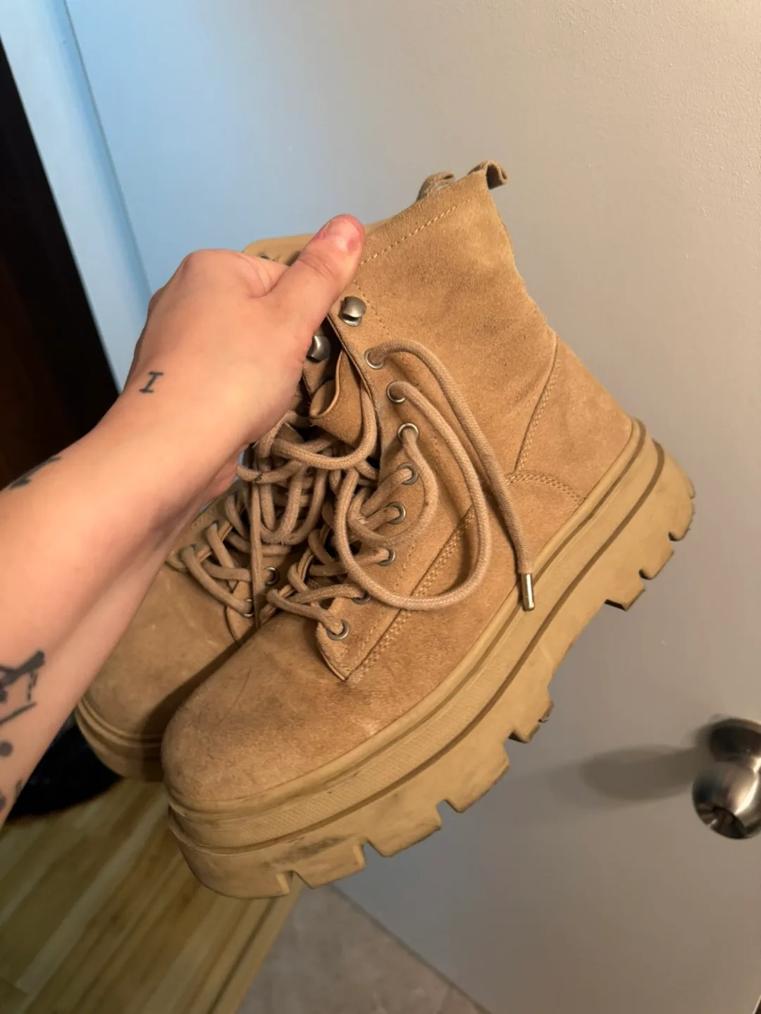 Tan Suede Lace-Up Boots - Size 10 thumbnail