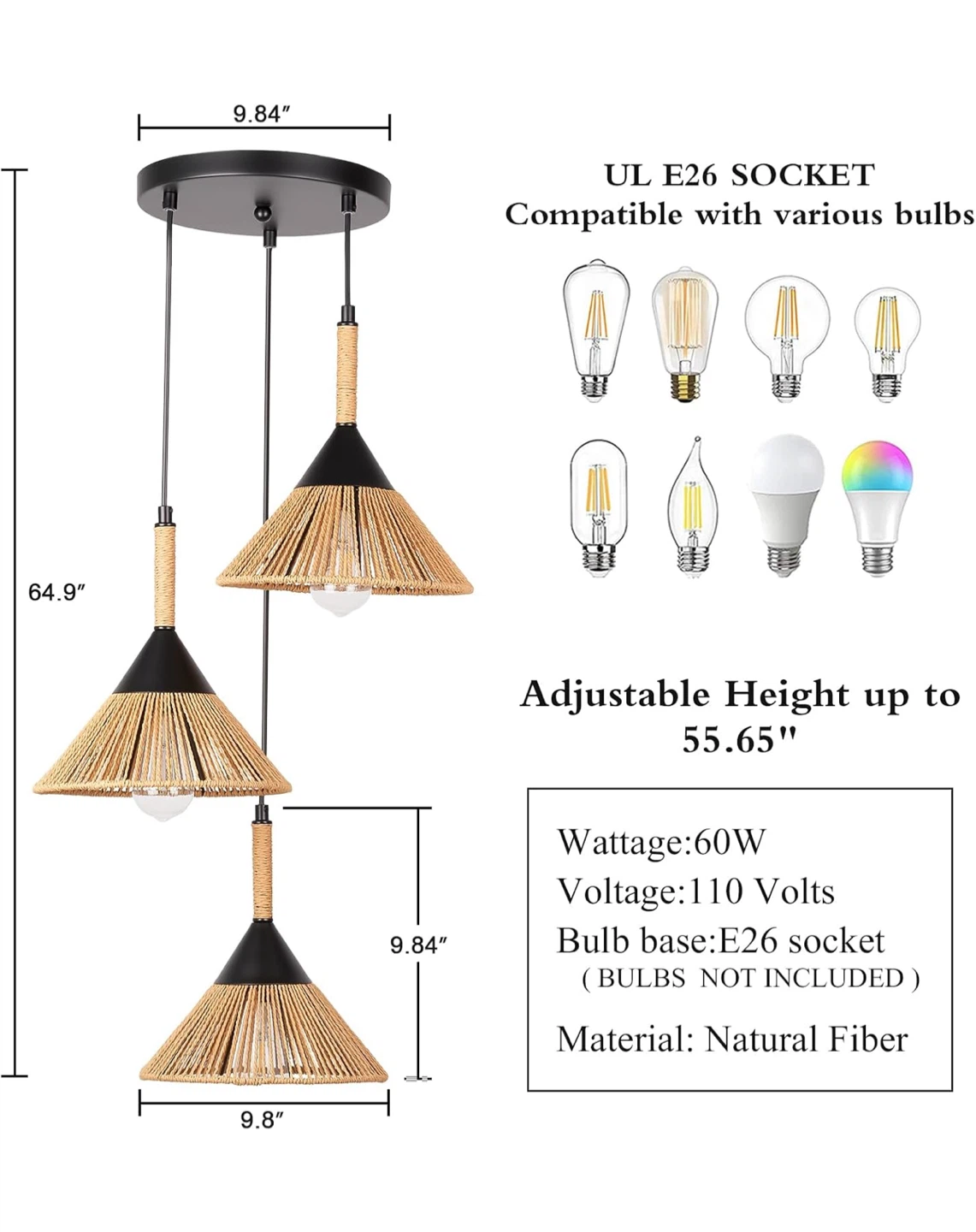 Darkaway Rattan Pendant Light - Boho 3-Light Fixture - photo 2