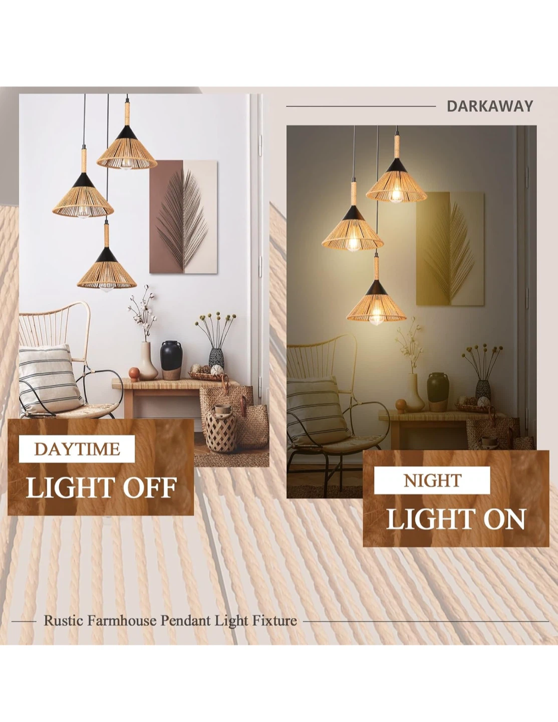 Darkaway Rattan Pendant Light - Boho 3-Light Fixture - photo 4