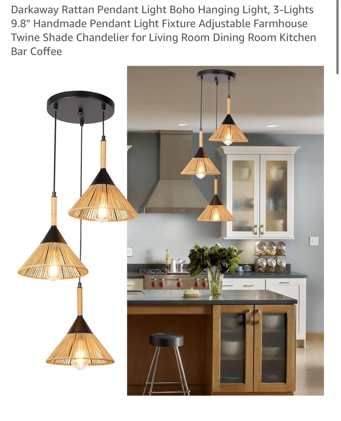 Darkaway Rattan Pendant Light - Boho 3-Light Fixture